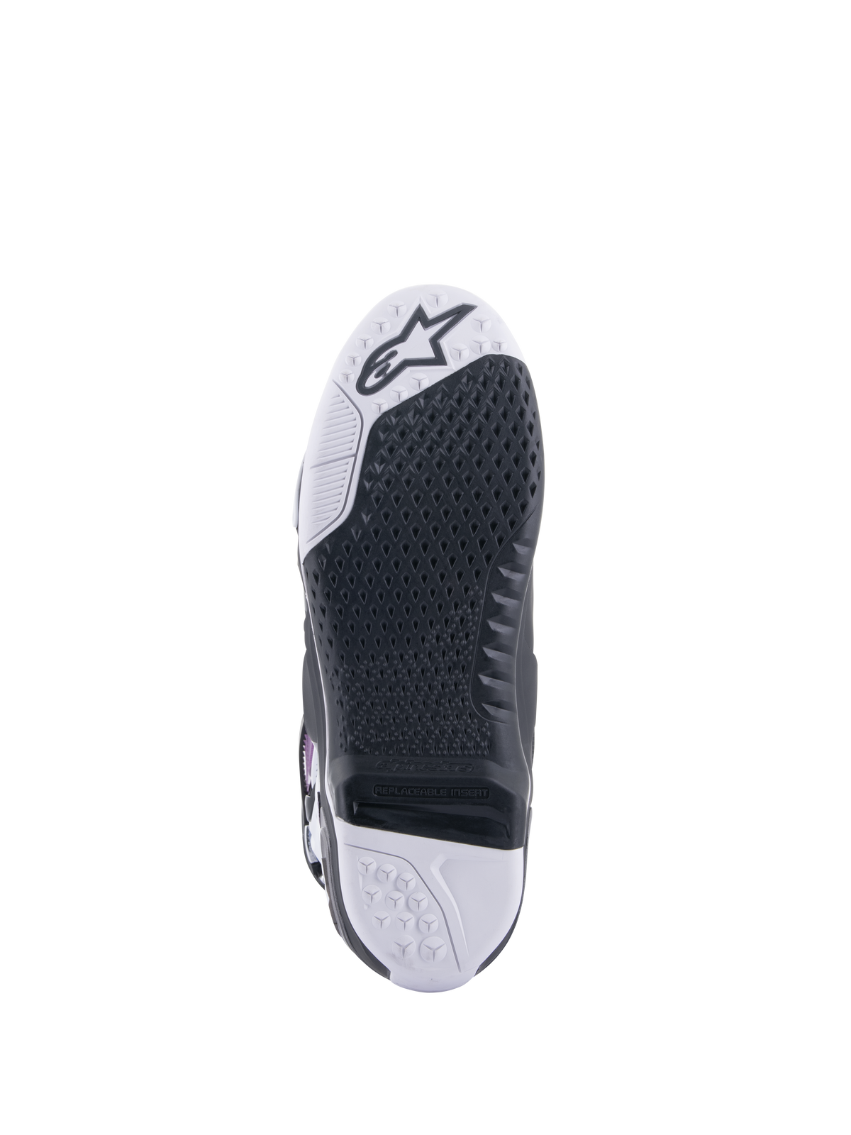 Stivali Alpinestars Tech 10 Supervented, stivali da motocross, vista della suola, trama grip a nido d'ape nera su base bianca e nera, inserto centrale sostituibile, con il logo Alpinestars sulla punta