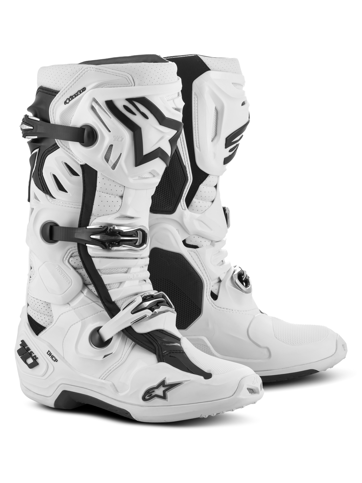 Stivali Alpinestars Tech 10 Supervented, stivali da motocross, bianchi, con prese d'aria frontali, piastra tibiale ventilata e sistema di fibbie regolabili, calzature da gara fuoristrada ad alte prestazioni