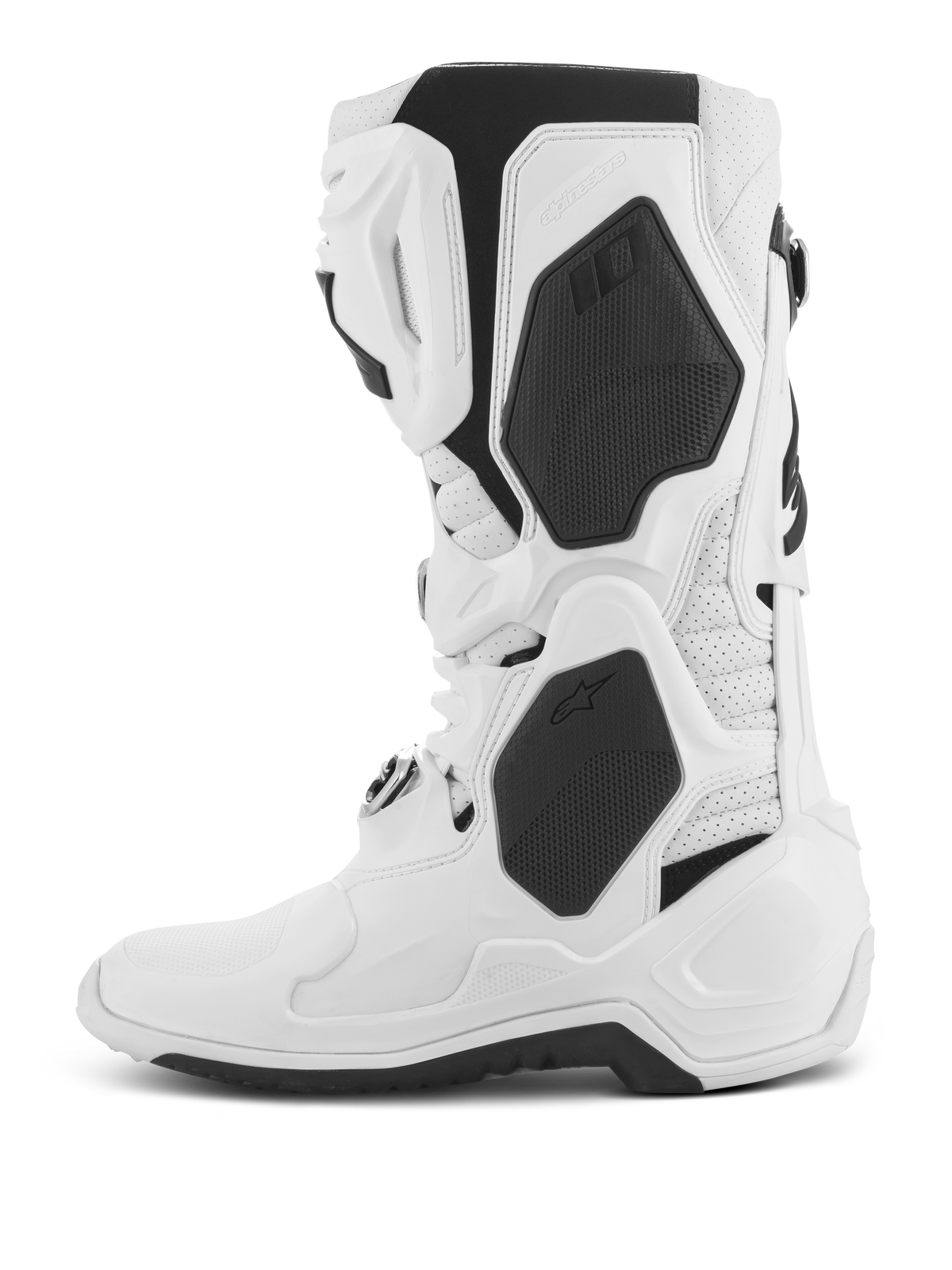Stivali Alpinestars Tech 10 Supervented, stivali da motocross, bianco, vista di profilo laterale, con pannelli in TPU neri e costruzione in microfibra traforata, piastra tibiale ventilata per un elevato flusso d'aria, calzature professionali per corse off-road