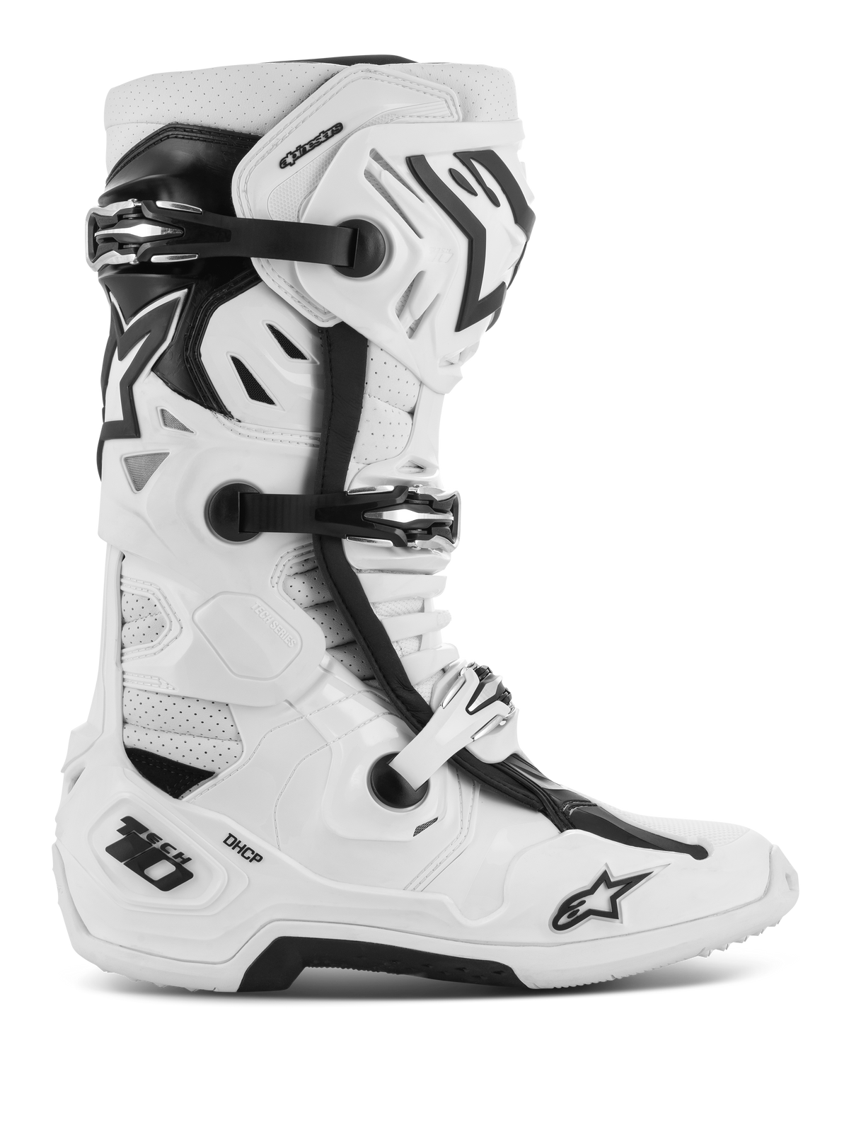 Alpinestars Tech 10 Supervented Boots, stivali da motocross e fuoristrada, bianco e nero, con fibbie regolabili multiple, pannelli di ventilazione traforati e design alto protettivo e robusto