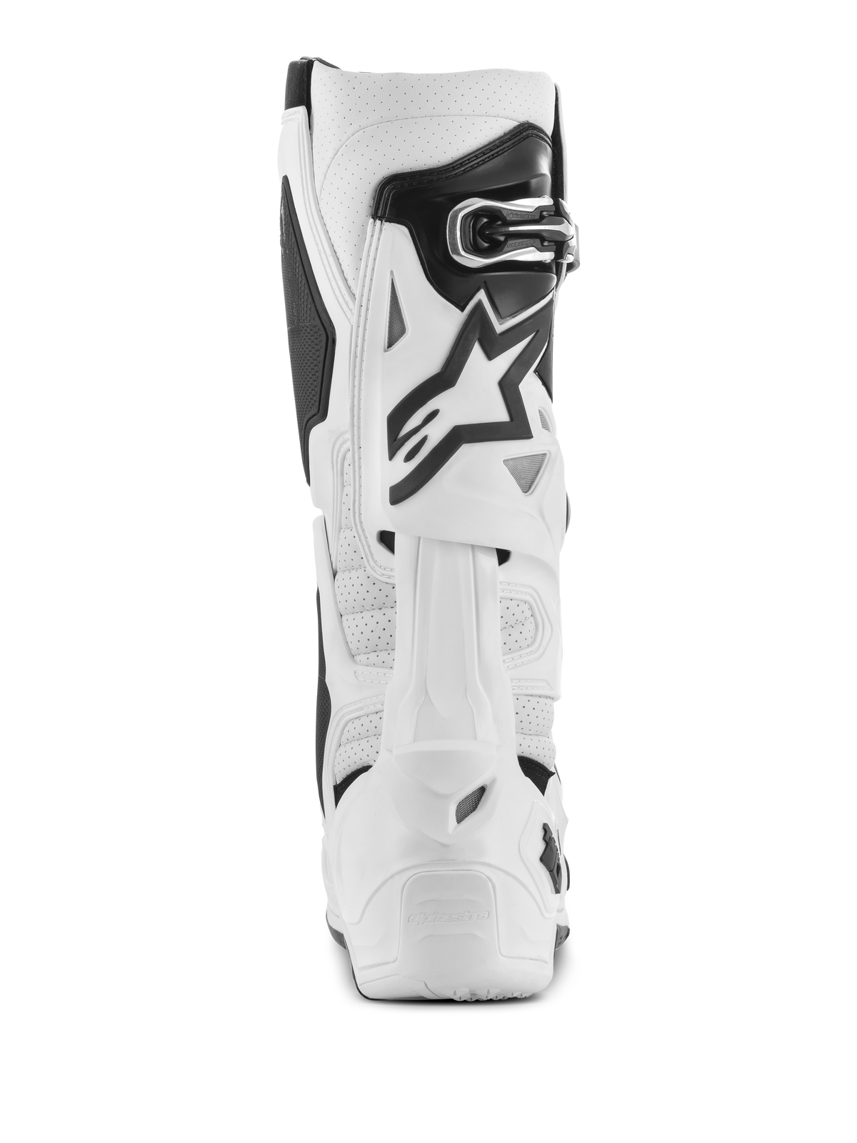 Stivali Alpinestars Tech 10 Supervented, stivali da motocross bianchi, vista posteriore con microfibra traforata per il flusso d'aria, sistema a lama posteriore in TPU bianco, logo a stella nero e chiusura con fibbia sicura, calzature da fuoristrada ad alte prestazioni
