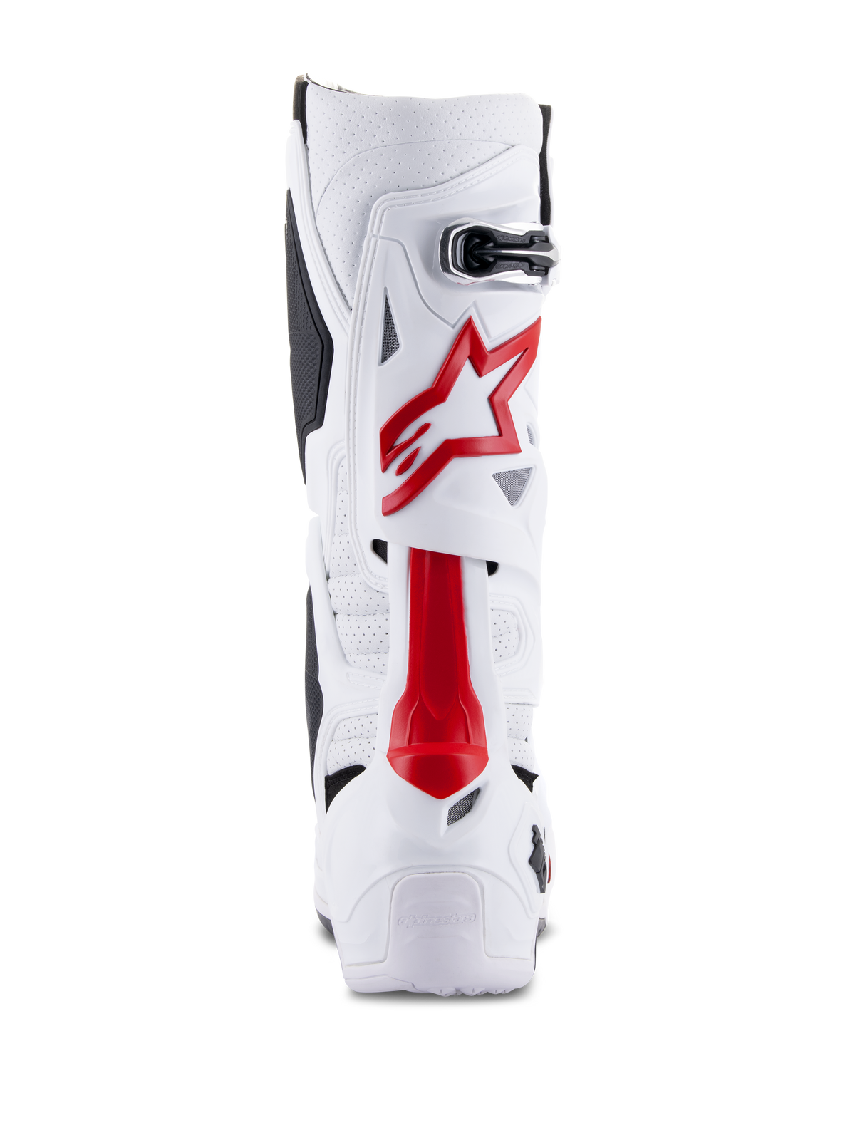 Stivali Alpinestars Tech 10 Supervented, stivali da motocross, bianco e rosso brillante, vista posteriore che mostra la microfibra ventilata, il logo con stella rossa e il guscio in TPU rinforzato per prestazioni fuoristrada