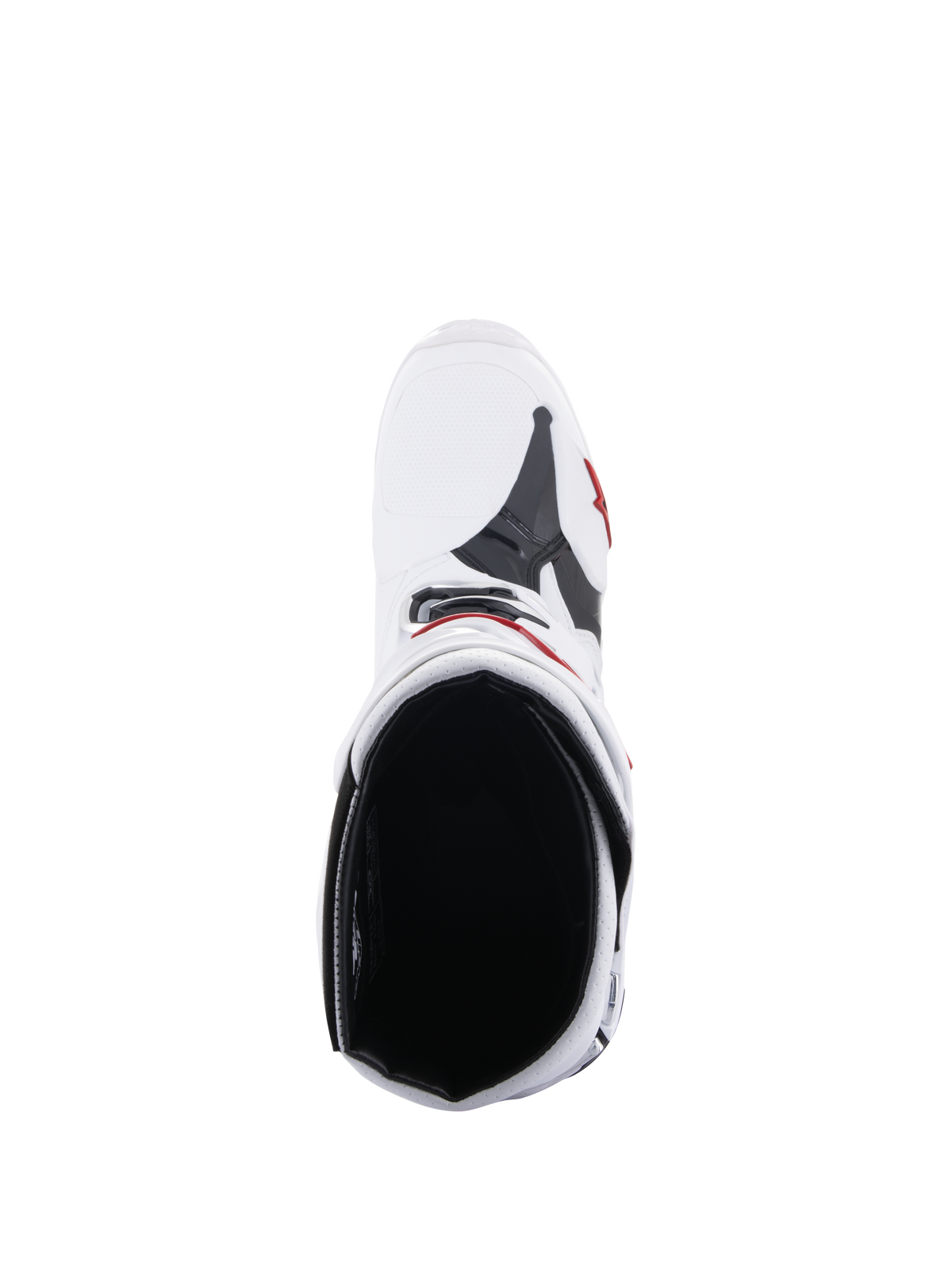Stivali Alpinestars Tech 10 Supervented, stivali da motocross, bianco e rosso brillante, vista dall'alto che mostra la fodera interna in mesh e la costruzione superiore ventilata, equipaggiamento da gara fuoristrada ad alte prestazioni