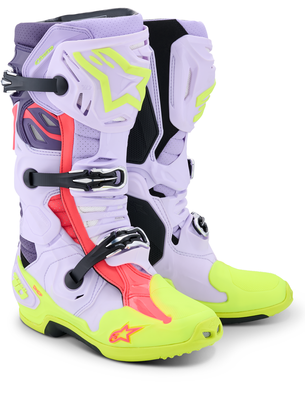 Alpinestars Tech 10 Supervented Boots, stivali da motocross, viola, giallo fluo e rosa diva, con costruzione in microfibra traforata per il massimo flusso d'aria, sistema di fibbie meccaniche, punta e suola giallo neon brillante e vivaci accenti rosa.