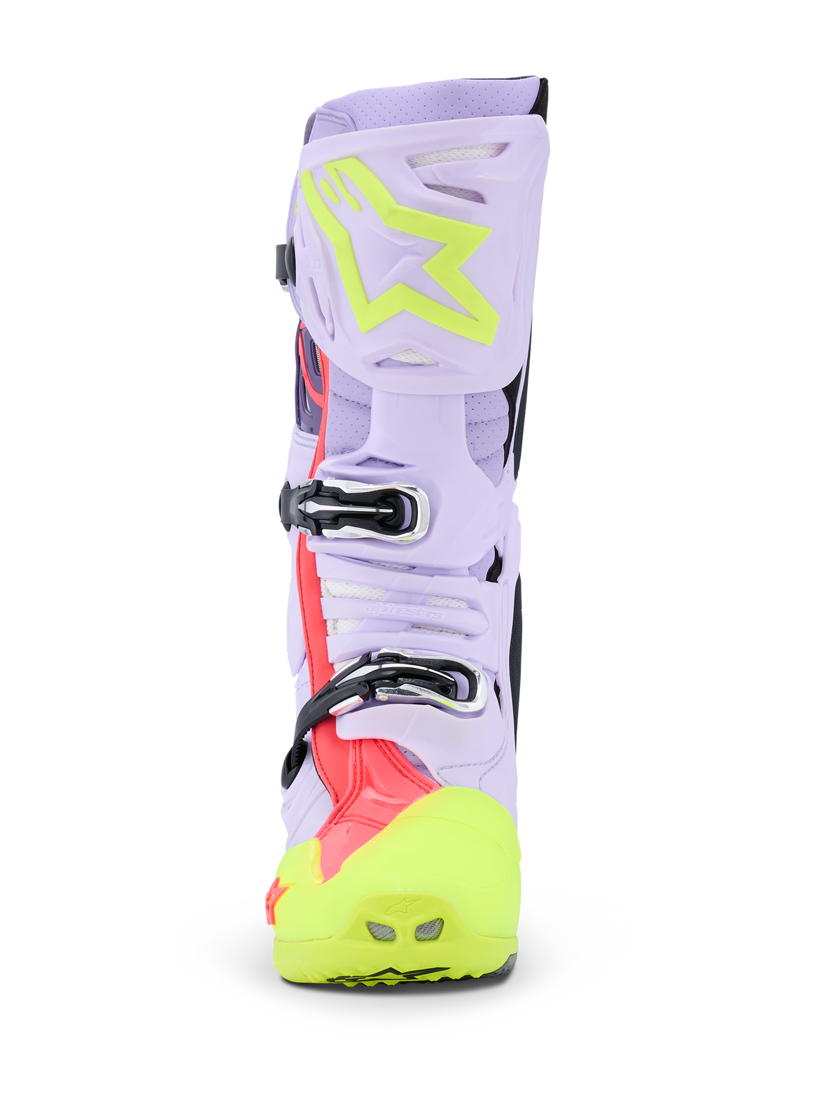 Stivali Alpinestars Tech 10 Supervented, stivali da motocross, viola, giallo fluo e Diva Pink, vista frontale che mette in risalto il sistema di fibbie e la placca tibiale ventilata, calzature da fuoristrada professionali con tomaia in microfibra traforata