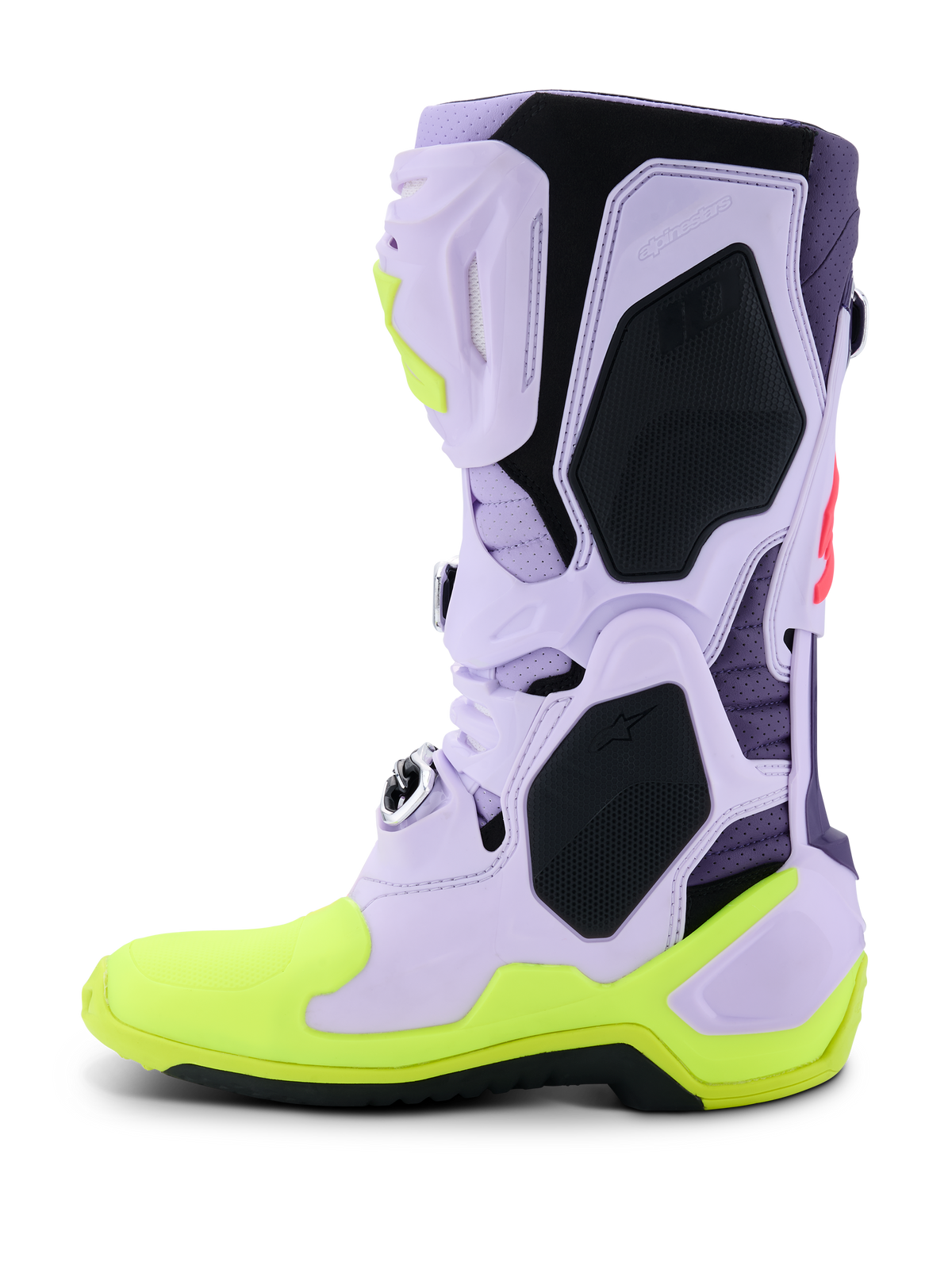 Stivali Alpinestars Tech 10 Supervented, stivali da motocross, viola, giallo fluo e rosa diva, profilo laterale con tomaia in microfibra lavanda traforata, pannelli protettivi in TPU nero e suola giallo neon, calzatura ventilata ad alte prestazioni per gare fuoristrada