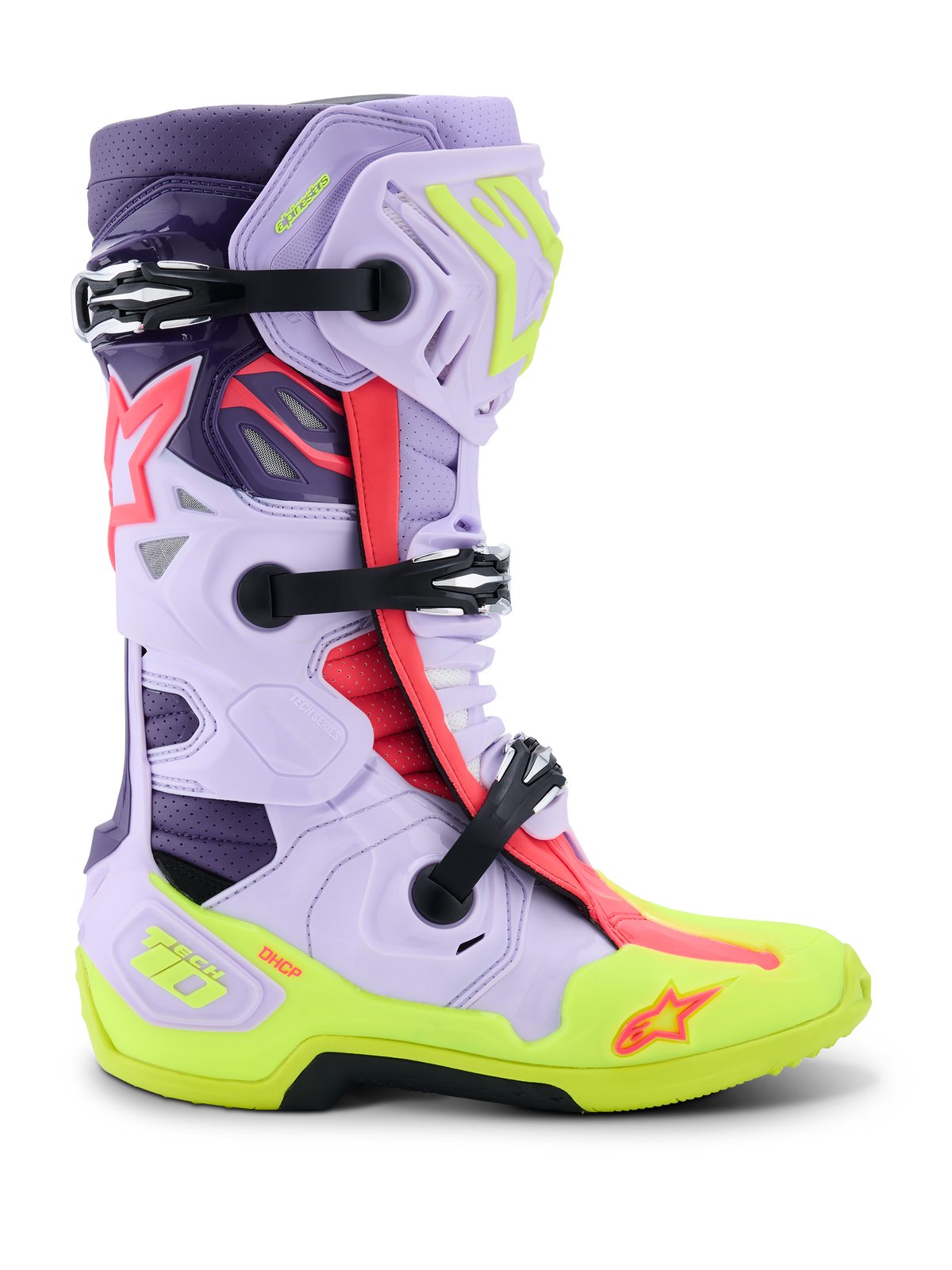 Stivali Alpinestars Tech 10 Supervented, stivali da motocross, viola, giallo fluo e rosa Diva, vista laterale con fibbie nere regolabili, pannelli in microfibra ventilata, suola giallo neon rinforzata e guscio protettivo ad alte prestazioni