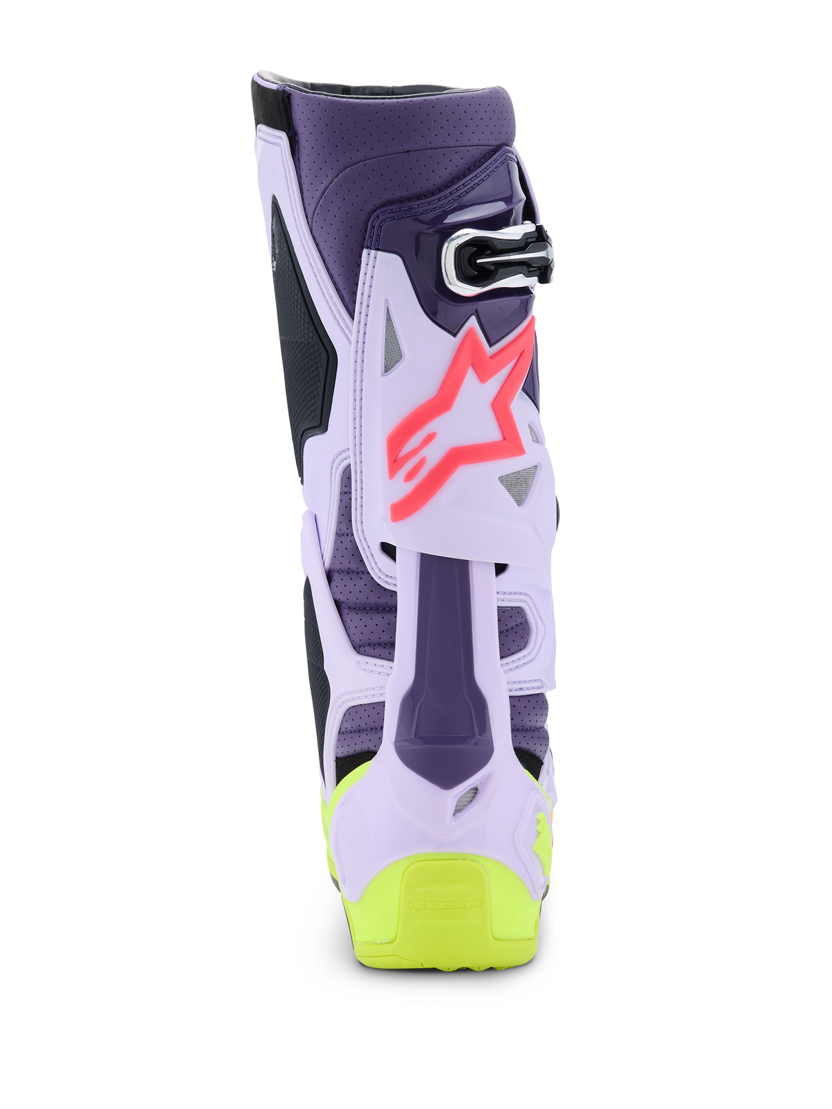 Alpinestars Tech 10 Supervented Boots, vista posteriore, colorazione viola, giallo fluo e rosa Diva, con struttura in TPU ventilata, logo a stella rosa e dettaglio giallo acceso sul tallone, calzature da motocross professionali