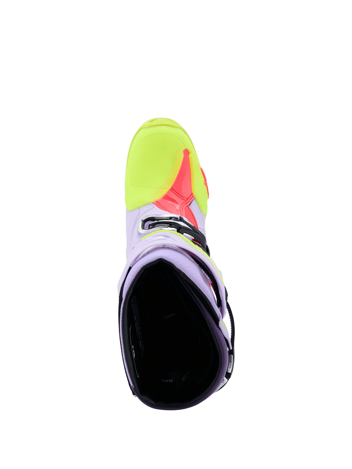 Stivali Alpinestars Tech 10 Supervented in viola, giallo fluo e Diva Pink, vista dall'alto che mostra l'interno e la struttura in microfibra traforata per la circolazione dell'aria, calzature da motocross ad alte prestazioni