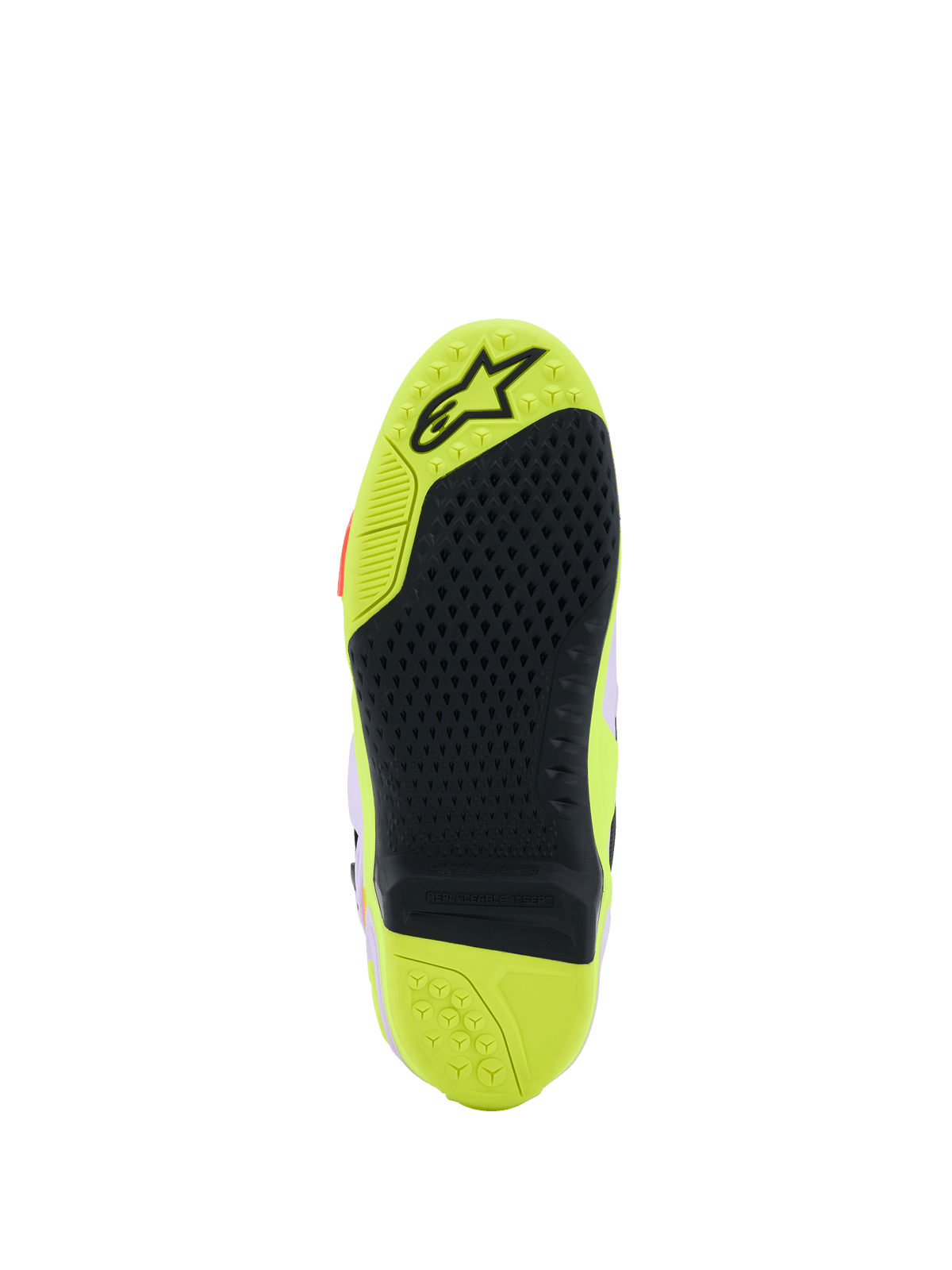 Stivali Alpinestars Tech 10 Supervented, vista dettagliata della suola, Giallo Fluo e Nero, con motivo a nido d'ape per il grip, inserto centrale sostituibile e superficie strutturata per la trazione sulle pedane