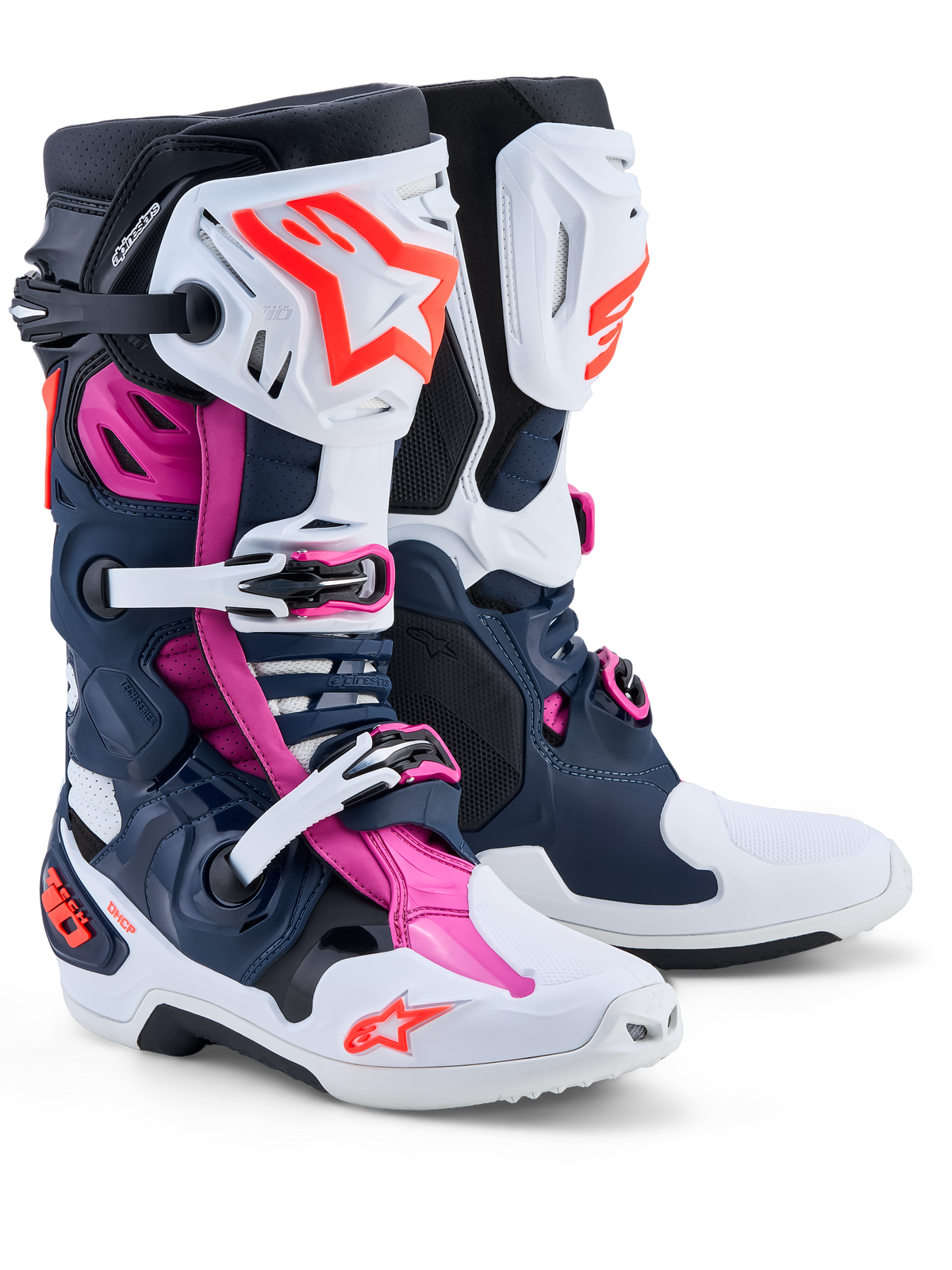 Alpinestars Stivali Tech-10 Supervented da uomo, stivali da motocross blu scuro, bianchi e fucsia con gusci in TPU ventilati.