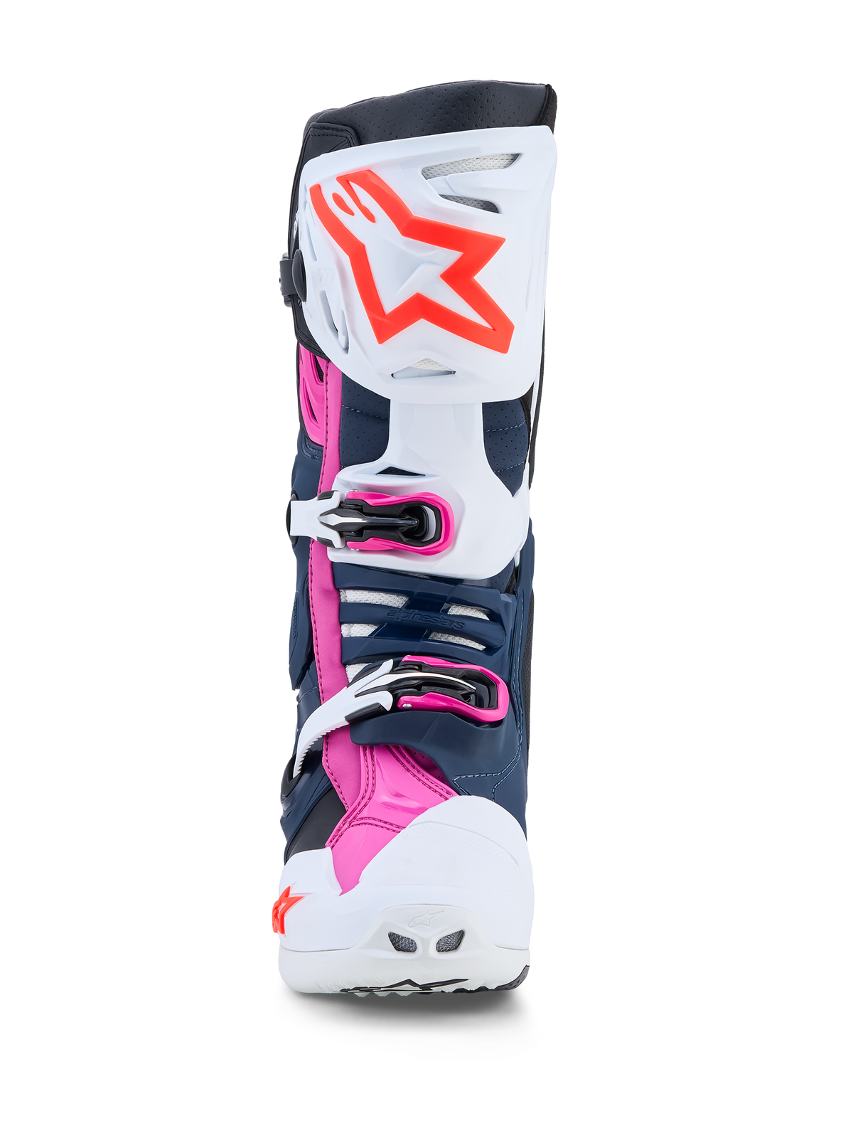 Alpinestars Stivali Tech-10 Supervented da motocross, bianco, blu scuro e fucsia, con pannelli in TPU ventilati per fuoristrada.