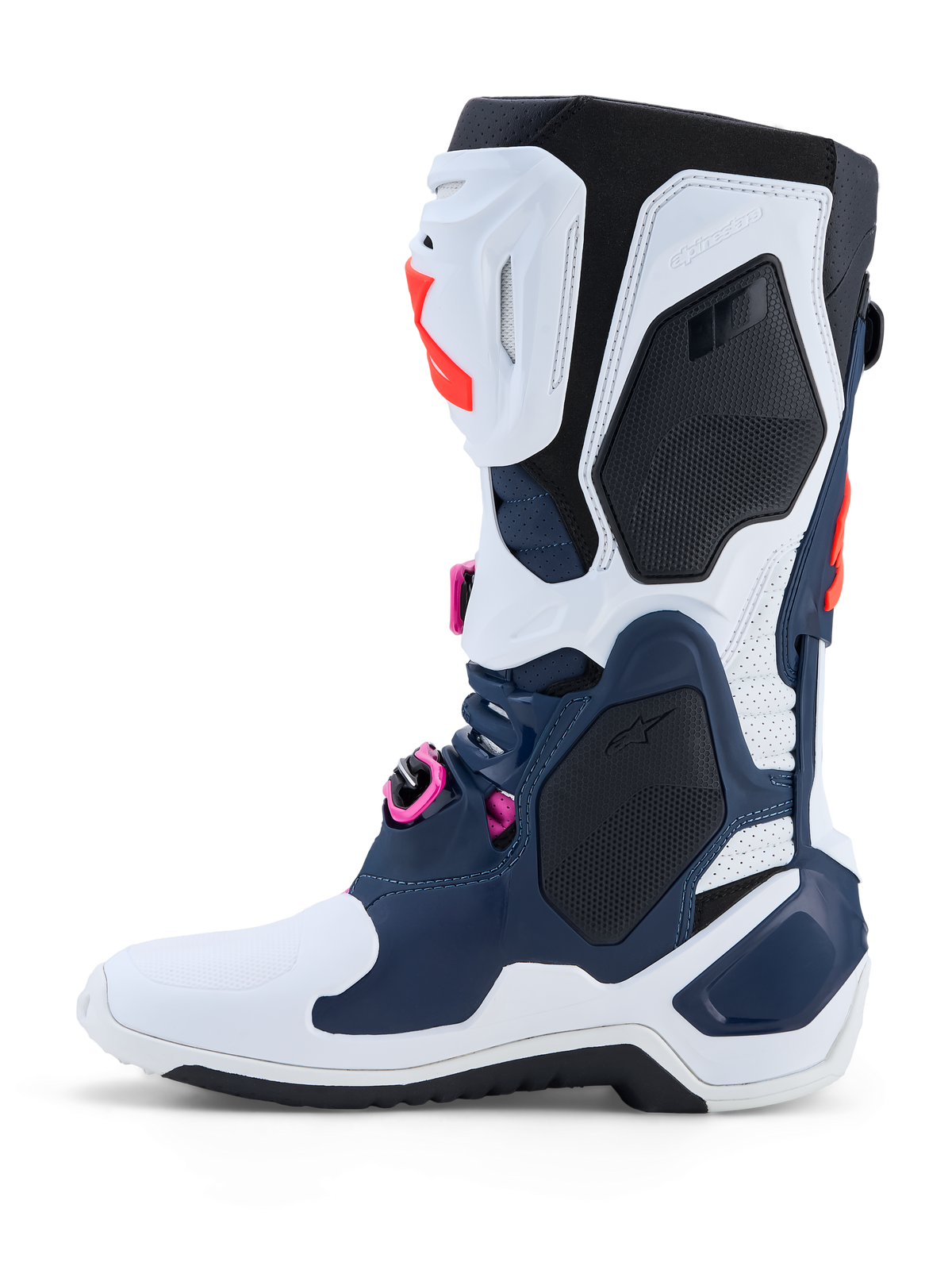 Alpinestars Stivali Tech-10 Supervented, stivali da motocross blu scuro e bianchi con dettagli fucsia e guscio in TPU ventilato.