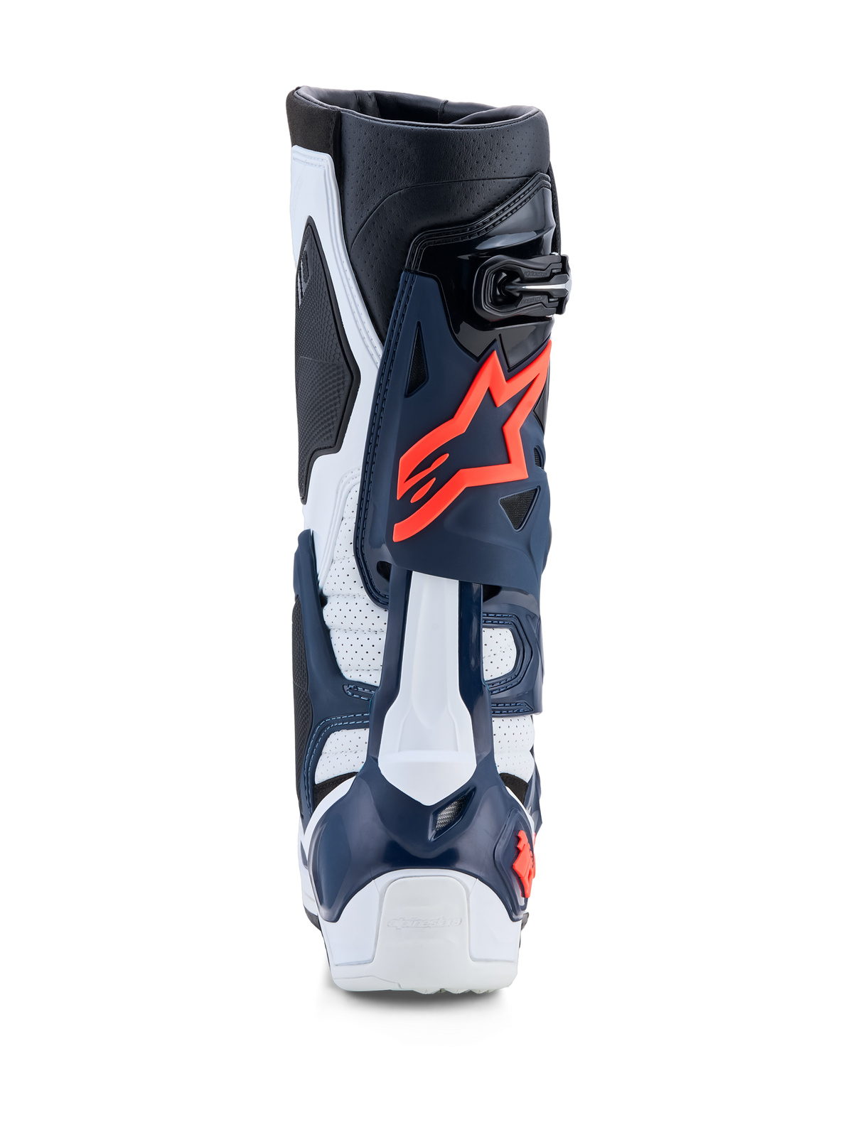 Alpinestars Stivali Tech-10 Supervented, vista posteriore, stivali da motocross blu e bianchi con TPU traforato e fucsia