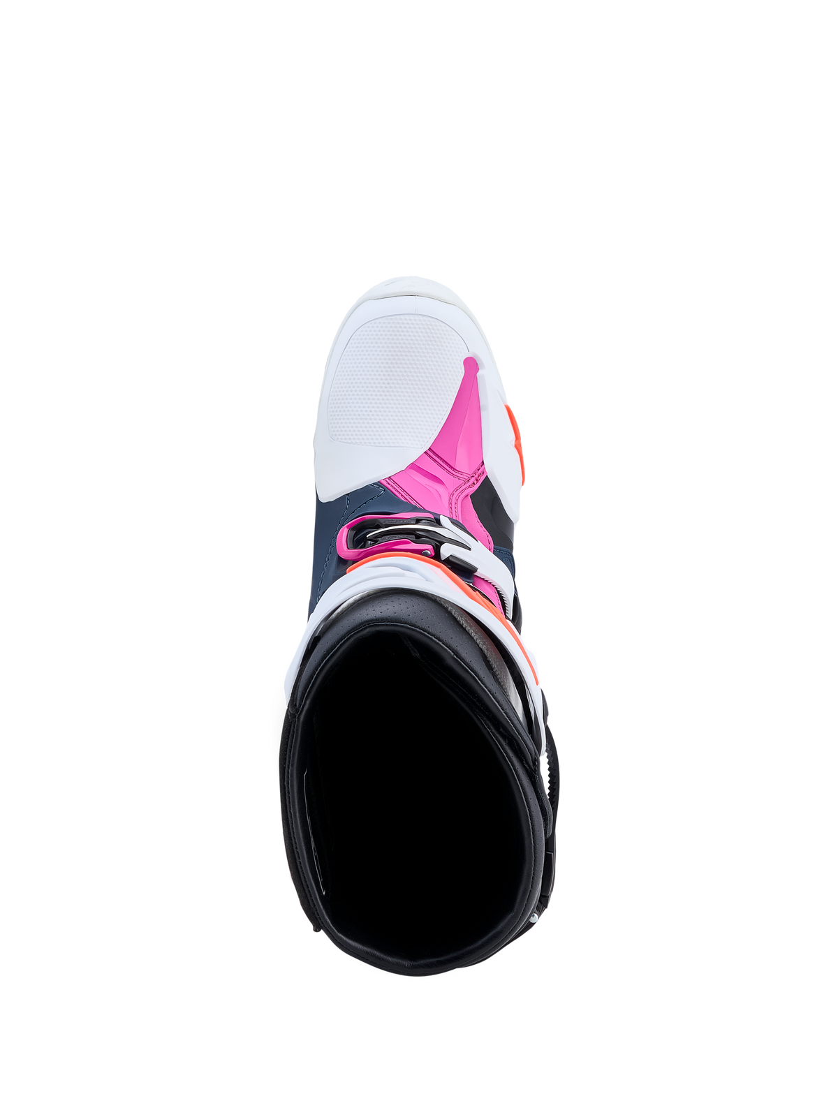 Alpinestars stivali Tech-10 Supervented, stivali da motocross, blu scuro, bianchi e fucsia, vista dall'alto dell'interno