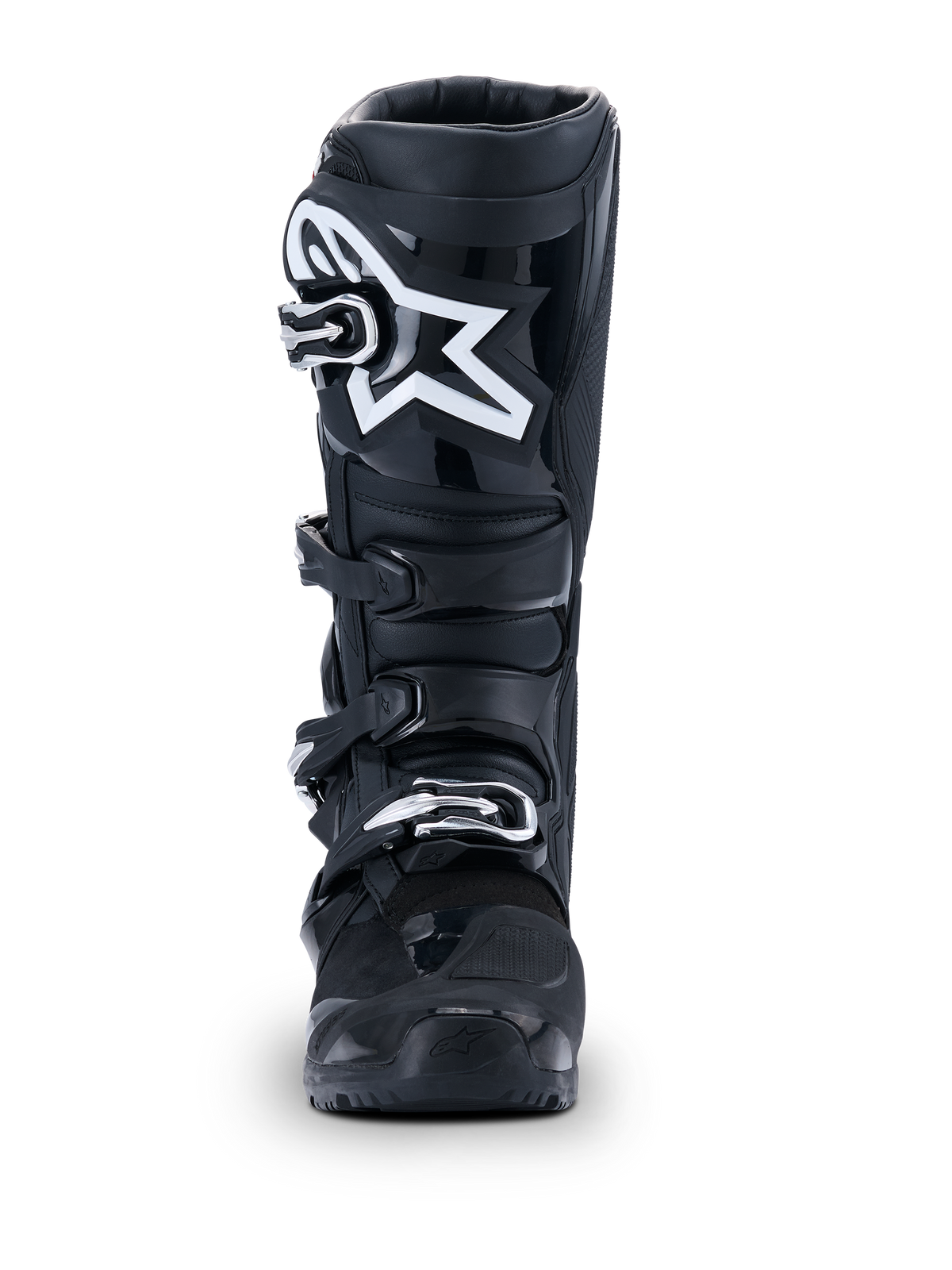 Alpinestars Stivali Tech 7 Enduro Drystar® 2026, stivali da motocross neri, vista frontale, con sistema di chiusura a quattro fibbie resistente e visibile logo a stella bianco sullo stinco, progettati per prestazioni off-road ed enduro
