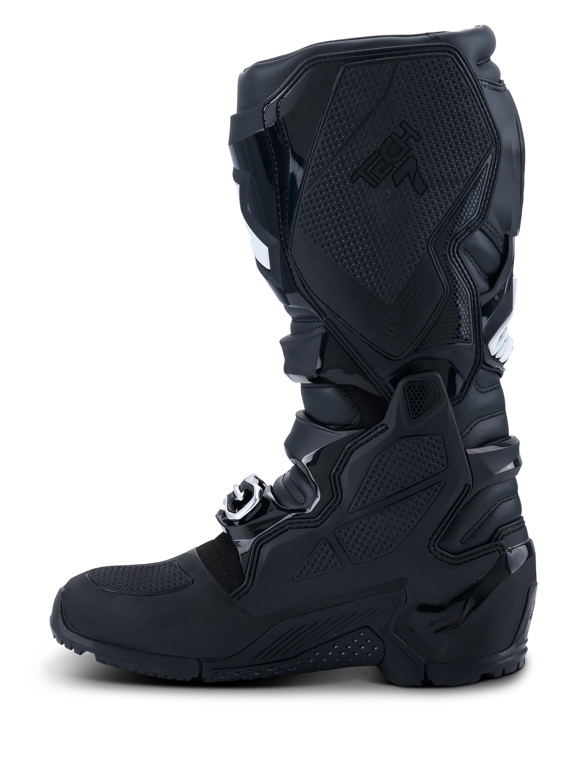 Stivali Alpinestars 2026 Tech 7 Enduro Drystar®, nero, vista profilo mediale con estesa protezione in TPU, sistema a doppio perno e pannelli grip testurizzati per il controllo della moto, costruzione impermeabile per off-road ed enduro