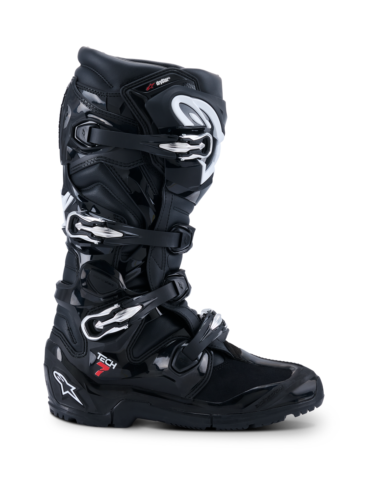 Alpinestars 2026 Tech 7 Enduro Drystar® Boots, stivali da moto off-road neri, vista laterale con quattro chiusure a fibbia argento, robusta suola enduro bi-mescola e ampia protezione in TPU con finiture nere opache e lucide.