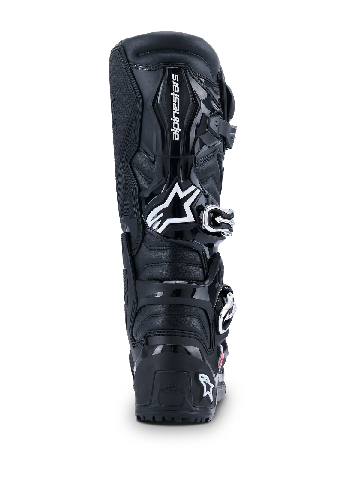 Alpinestars 2026 Tech 7 Enduro Drystar® Boots, stivali da motocross, nero, vista posteriore con logo Alpinestars bianco sul polpaccio, pannelli di protezione in TPU e costruzione robusta per guida off-road ed enduro