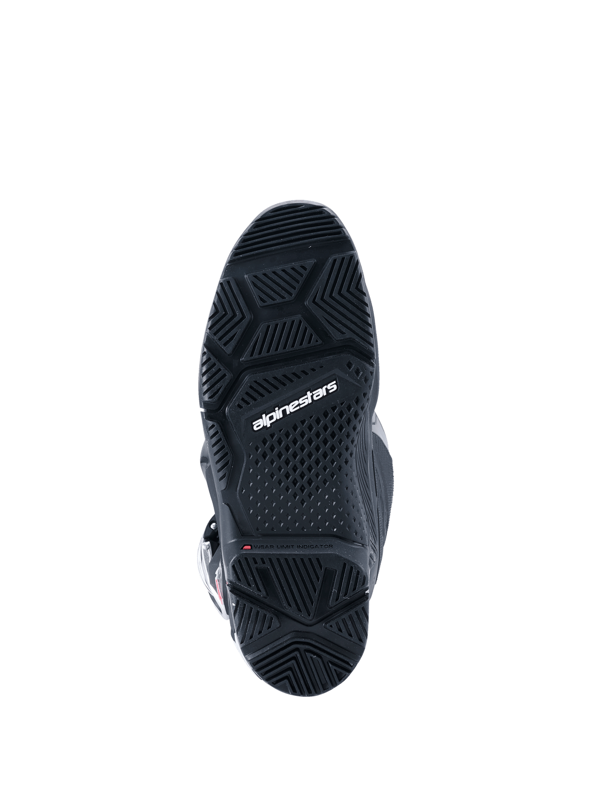 Stivali Alpinestars Tech 7 Enduro Drystar® 2026, nero, vista dal basso della suola bi-mescola specifica per enduro, con motivi geometrici del battistrada per grip su ogni terreno e logo Alpinestars bianco