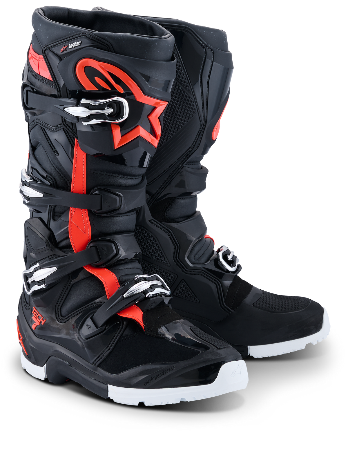Stivali Alpinestars 2026 Tech 7 Enduro Drystar®, stivali da motocross enduro, nero, rosso fluo e bianco, con accenti rosso fluo e logo a stella, chiusure a fibbie multiple e robuste suole bianche per prestazioni off-road