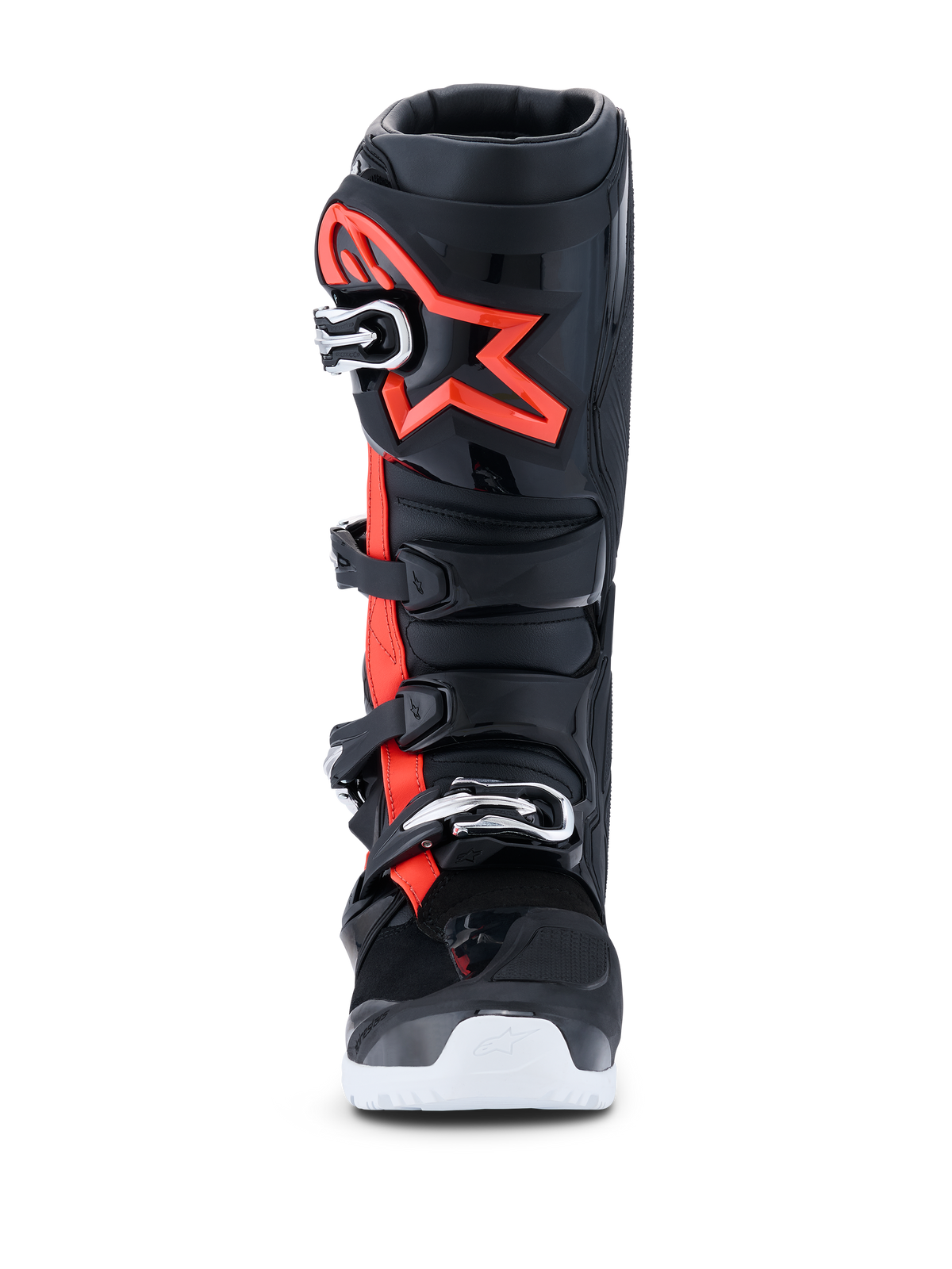 Alpinestars 2026 Tech 7 Enduro Drystar® Boots, stivali da motocross ed enduro, nero rosso fluo e bianco, vista frontale, con sistema di chiusura a quattro fibbie, placca tibiale in TPU rinforzato con un grande logo Alpinestars rosso e suola bianca, progettati per prestazioni off-road impermeabili.