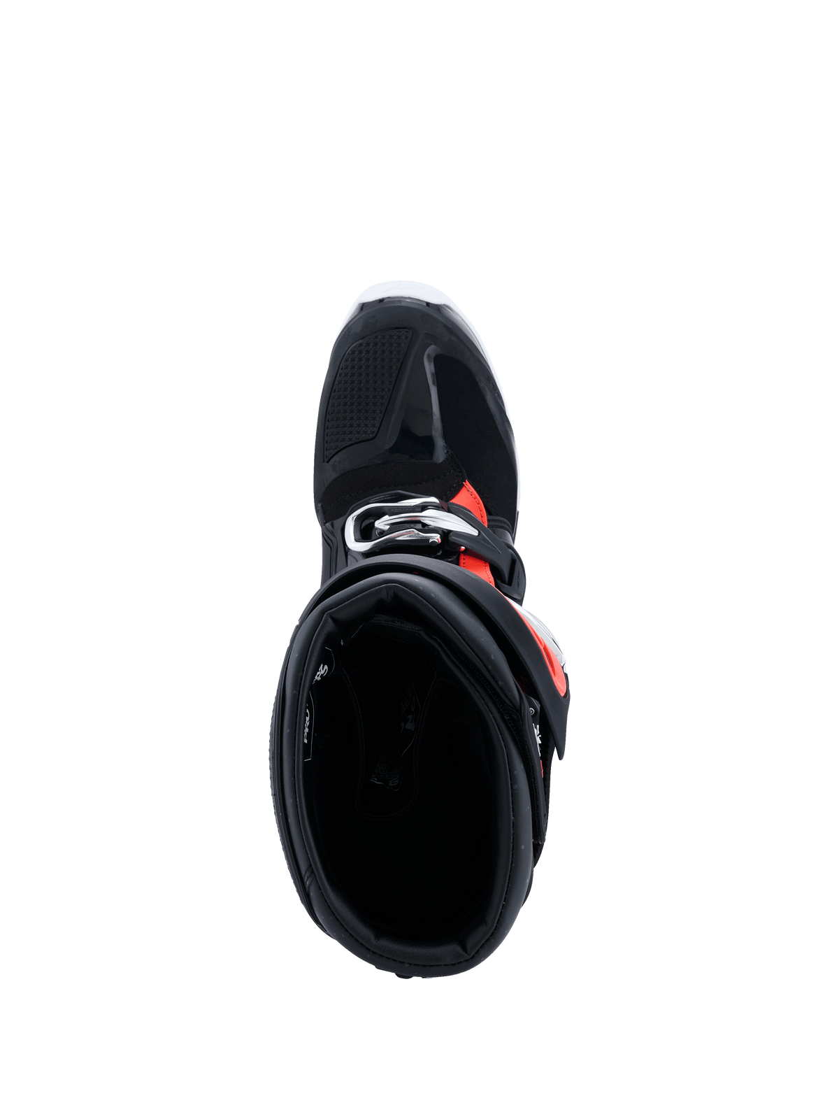Stivali Alpinestars Tech 7 Enduro Drystar® 2026, nero rosso fluo bianco, vista dall'alto verso l'interno del gambale, mostra l'ampia apertura d'ingresso e l'imbottitura interna, calzature protettive da enduro per guida off-road