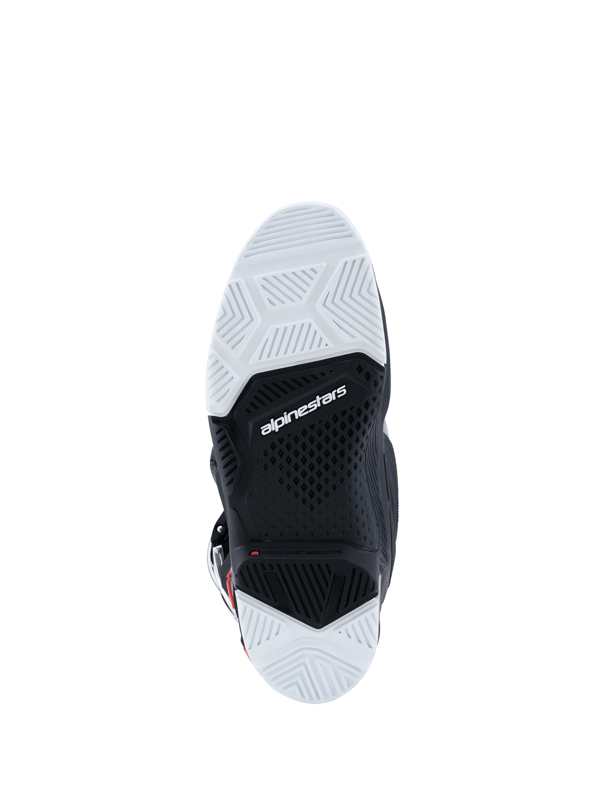 Stivali Alpinestars 2026 Tech 7 Enduro Drystar®, vista della suola, mescola in gomma a doppia densità bianca e nera, trame geometriche per il grip, logo Alpinestars e indicatore del limite di usura, progettati per la trazione off-road ed enduro