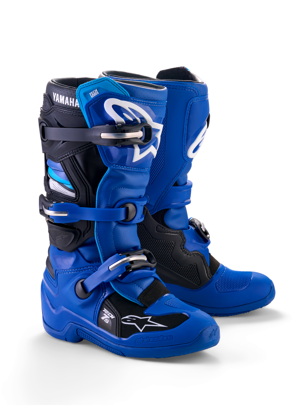 Stivali Alpinestars Yamaha Youth Tech 7S, stivali da motocross, blu, nero e bianco, con sistema di chiusura a fibbie multiple, scocca protettiva in TPU e loghi Alpinestars bianchi con marchio Yamaha sul gambetto