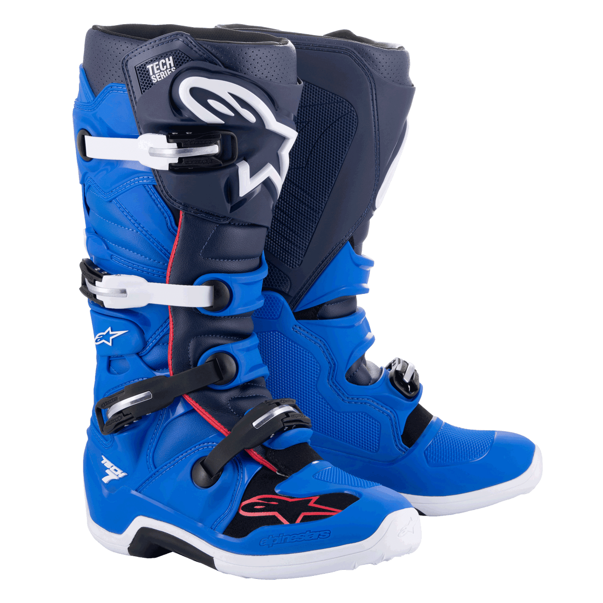 Stivali Alpinestars Tech 7, stivali da motocross, blu Alpine, blu navy e rosso acceso, con fibbie in alluminio bianche e nere, grande logo a stella bianco sulla tibia e resistenti suole bianche, equipaggiamento protettivo per il fuoristrada