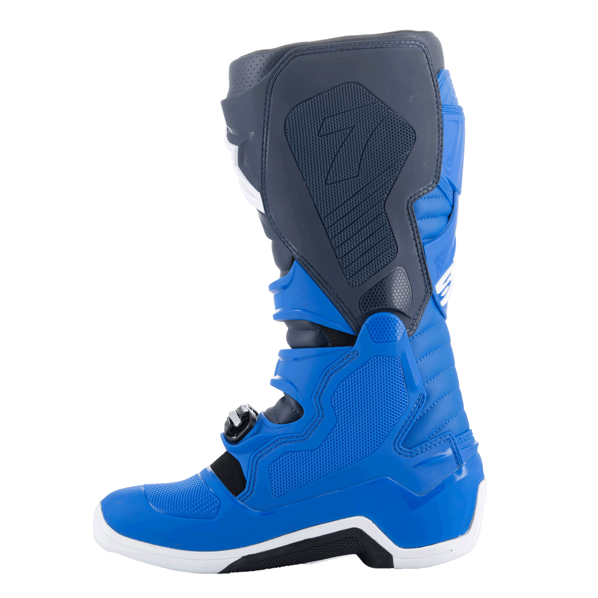 Stivali Alpinestars Tech 7, stivali da motocross, Alpine Blue, Night Navy e Bright Red, vista laterale mediale che mostra i pannelli protettivi in TPU e la costruzione rinforzata per il racing off-road