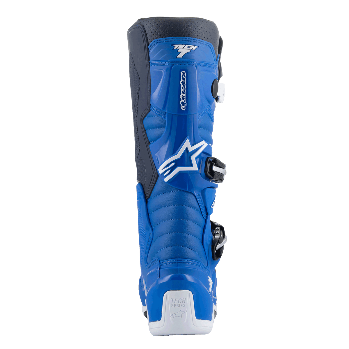 Stivali Alpinestars Tech 7, stivali da motocross, Alpine Blue e Night Navy con accenti bianchi, vista posteriore con protezione sagomata per il polpaccio, rinforzo del tallone bianco con logo Tech Series e dettagli del sistema di chiusura a fibbia laterale.