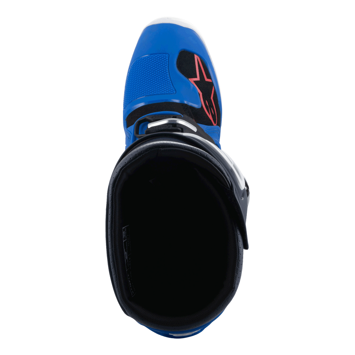 Stivali Alpinestars Tech 7, stivali da motocross, Alpine Blue Night Navy e Bright Red, vista dall'alto dell'interno dello stivale, con punta blu, logo a stella rosso e fodera nera, calzatura professionale da fuoristrada
