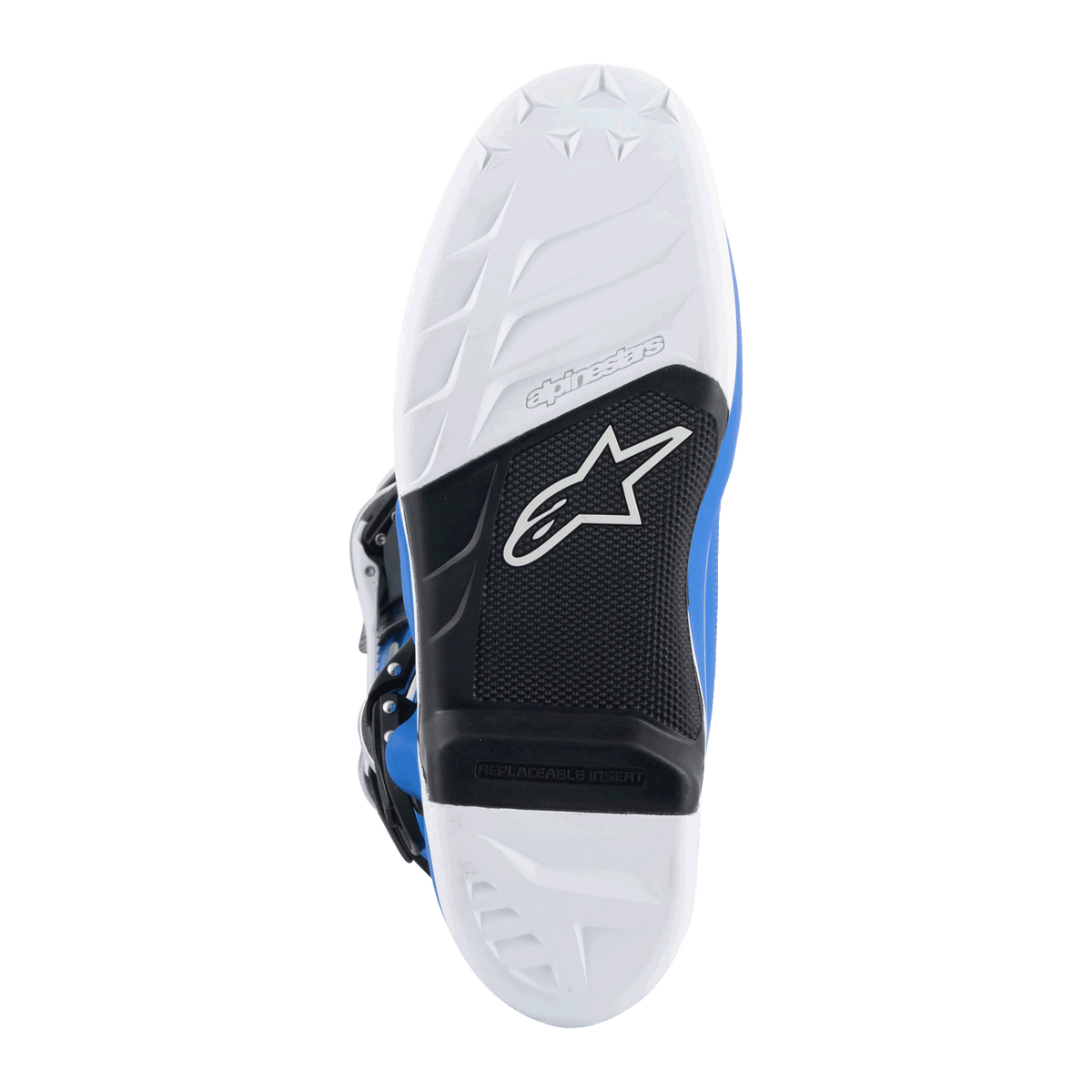 Stivali Alpinestars Tech 7, stivali da motocross, blu alpino e bianco, vista dal basso della suola con battistrada bianco, arco plantare nero con inserto per pedana sostituibile e logo Alpinestars, mescola resistente per gare off-road