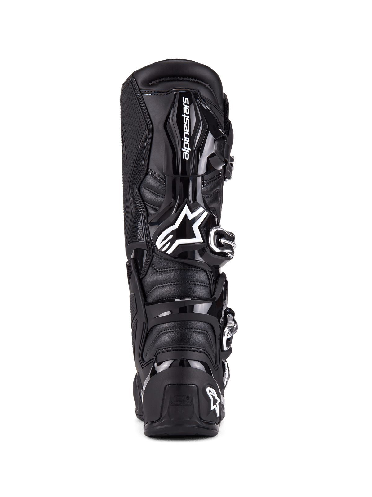 Stivali Alpinestars Tech 7, stivali da motocross, nero, vista posteriore con protezione in TPU, sistema di chiusura a fibbie e loghi distintivi