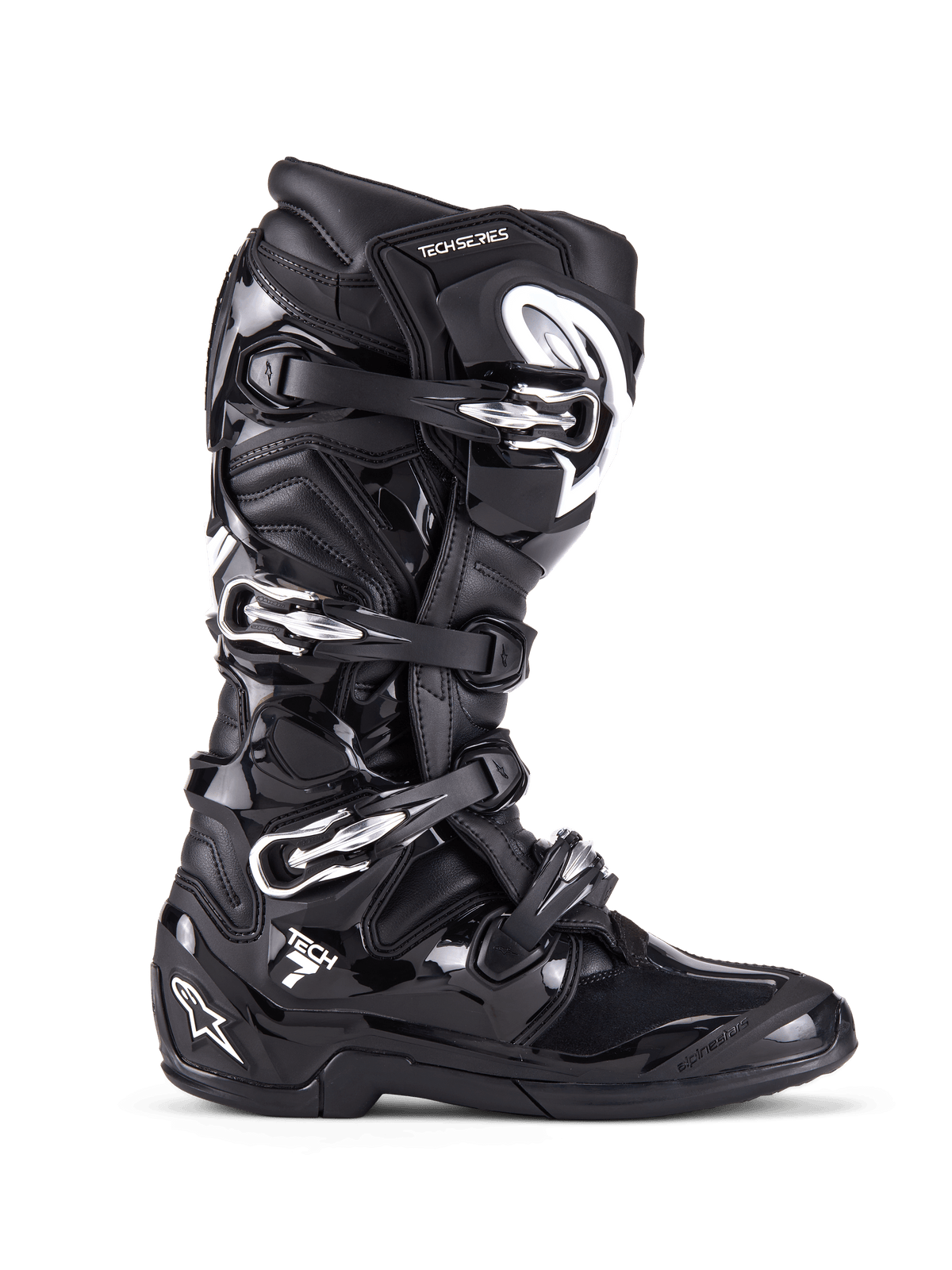 Alpinestars Tech 7, stivali da motocross fuoristrada, nero con fibbie argentate e accenti bianchi, vista laterale con quattro fibbie in alluminio a sgancio rapido, robusta calotta in TPU e pannelli testurizzati per protezione off-road