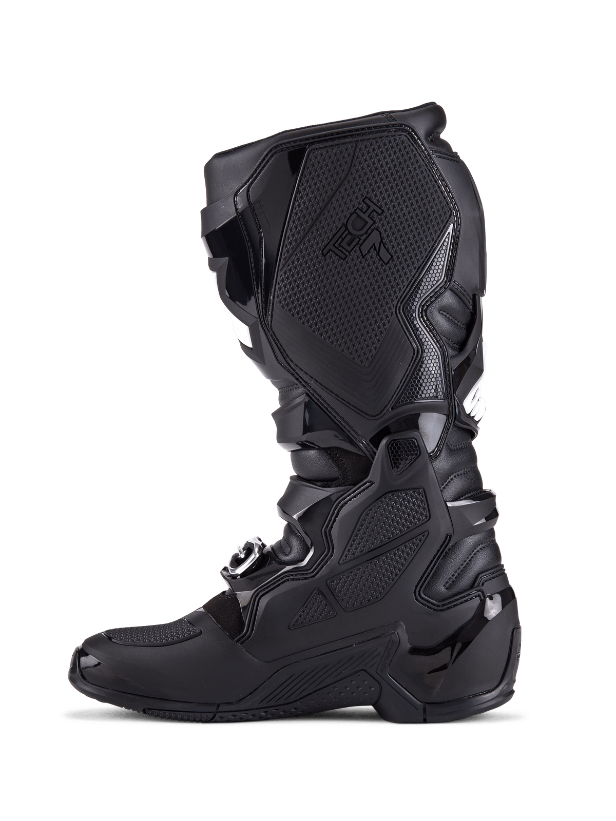 Alpinestars Tech 7 Boots, stivali da motocross, completamente neri, vista laterale con piastre di protezione in TPU, sistema di chiusura con fibbie e pannelli grip testurizzati, calzature professionali per la guida fuoristrada