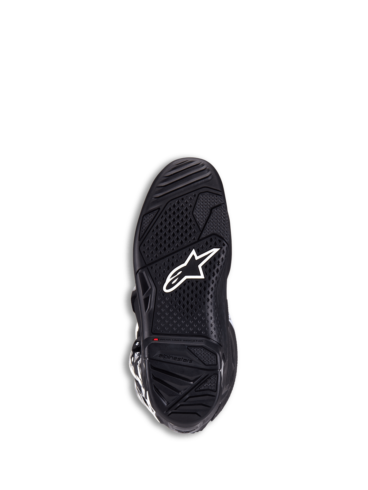 Stivali Alpinestars Tech 7, stivali da motocross, nero, vista della suola con logo a stella bianco, gomma a doppio composto testurizzata per la massima aderenza, indicatore rosso del limite di usura