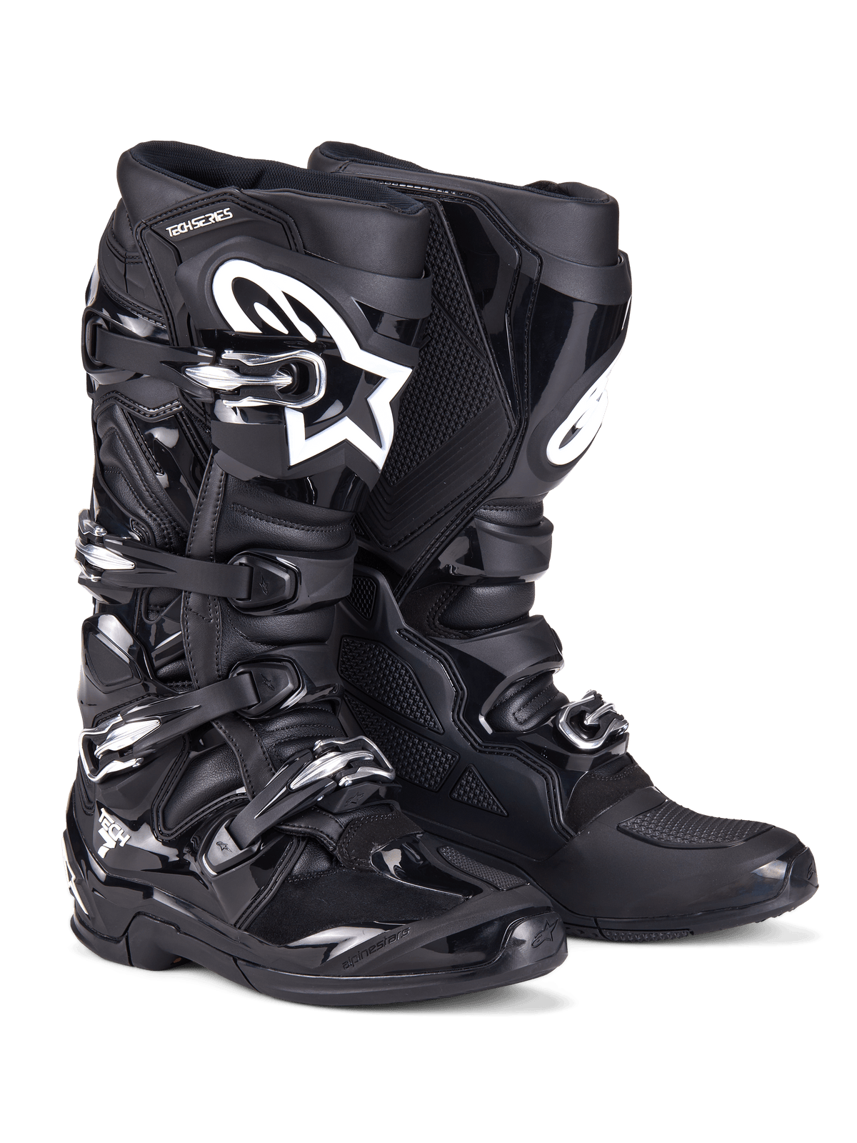 Stivali Alpinestars Tech 7, stivali da motocross, nero, caratterizzati da una struttura robusta con sistema di chiusura a quattro fibbie, pannelli protettivi in TPU e logo Alpinestars bianco sulla zona dello stinco, calzature professionali da fuoristrada per gare su sterrato