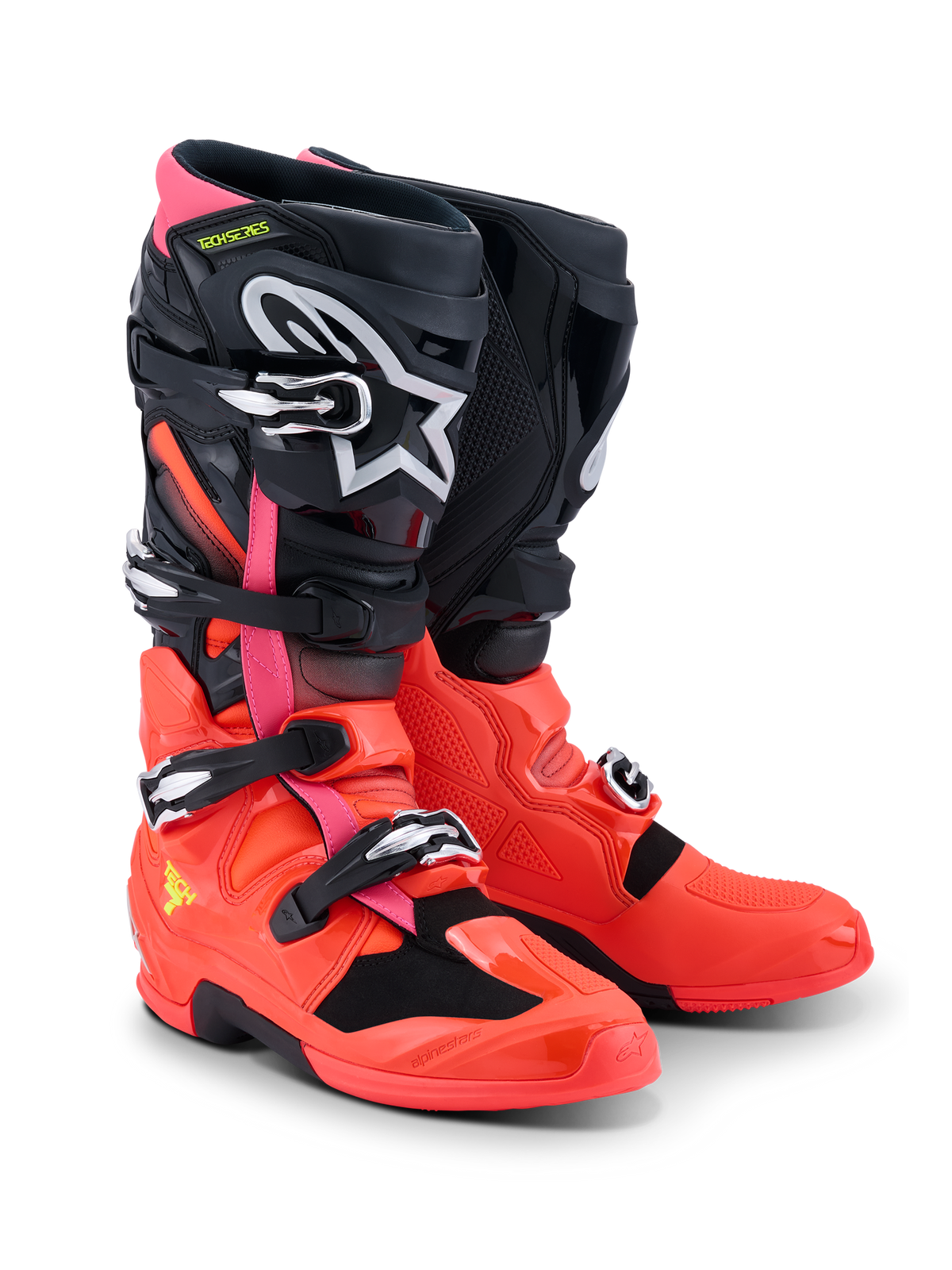 Stivali Alpinestars Tech 7, stivali da motocross, nero rosso fluo e rosa fluo, dotati di fibbie a sgancio rapido, sistema a doppio pivot e calotta protettiva in TPU, equipaggiamento resistente per la guida off-road