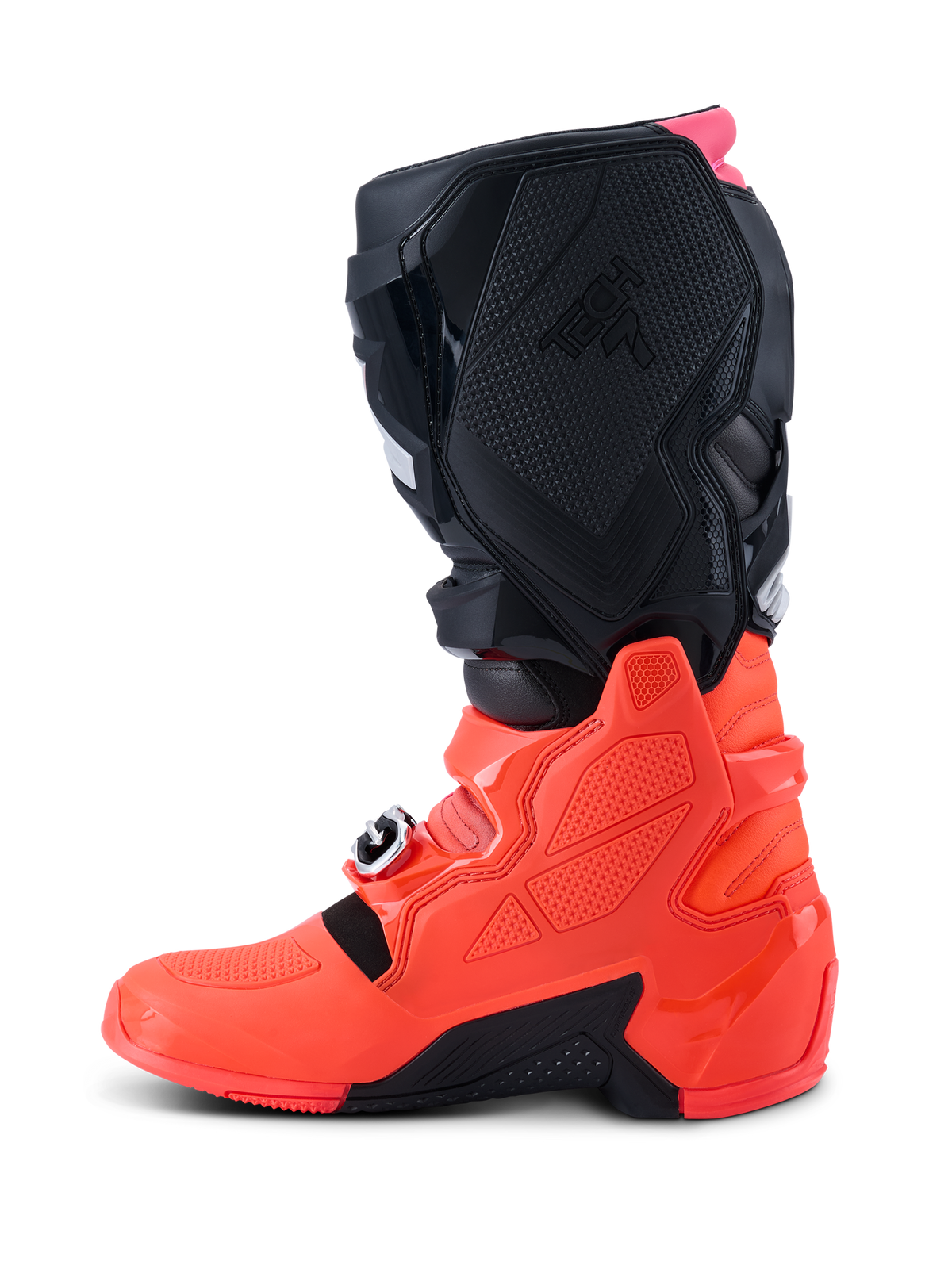 Stivali Alpinestars Tech 7, stivali da motocross, nero, rosso fluo e rosa fluo, vista laterale di profilo che mette in risalto la calotta inferiore in TPU, il sistema di chiusura con fibbie e i pannelli di protezione testurizzati per prestazioni off-road