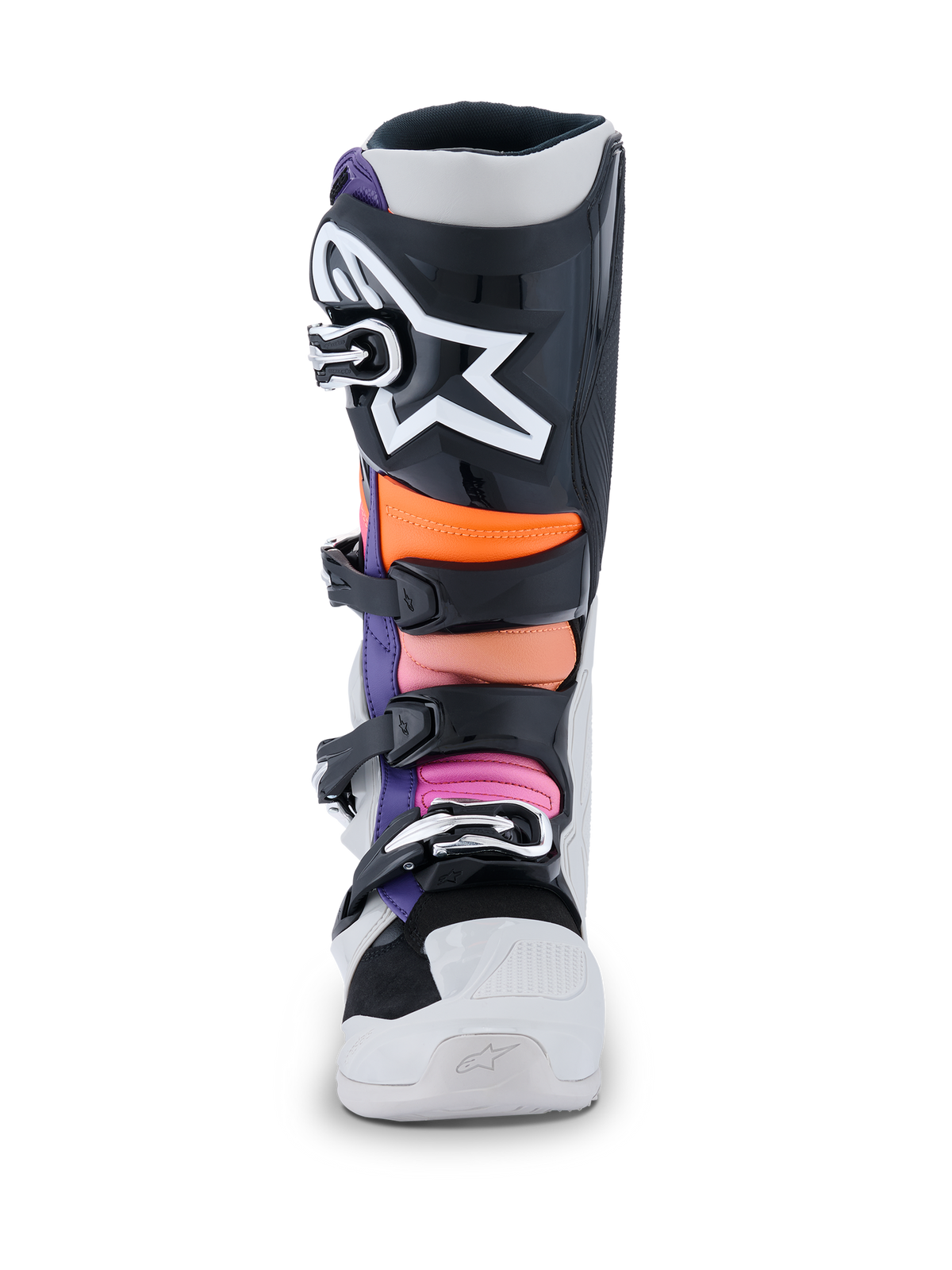 Stivali Alpinestars Tech 7, stivali da motocross, nero, grigio chiaro, arancione fluo e magenta, vista frontale con placca parastinchi nera e grande logo a stella bianco, zone imbottite in arancione e rosa, struttura bianca resistente con fibbie nere