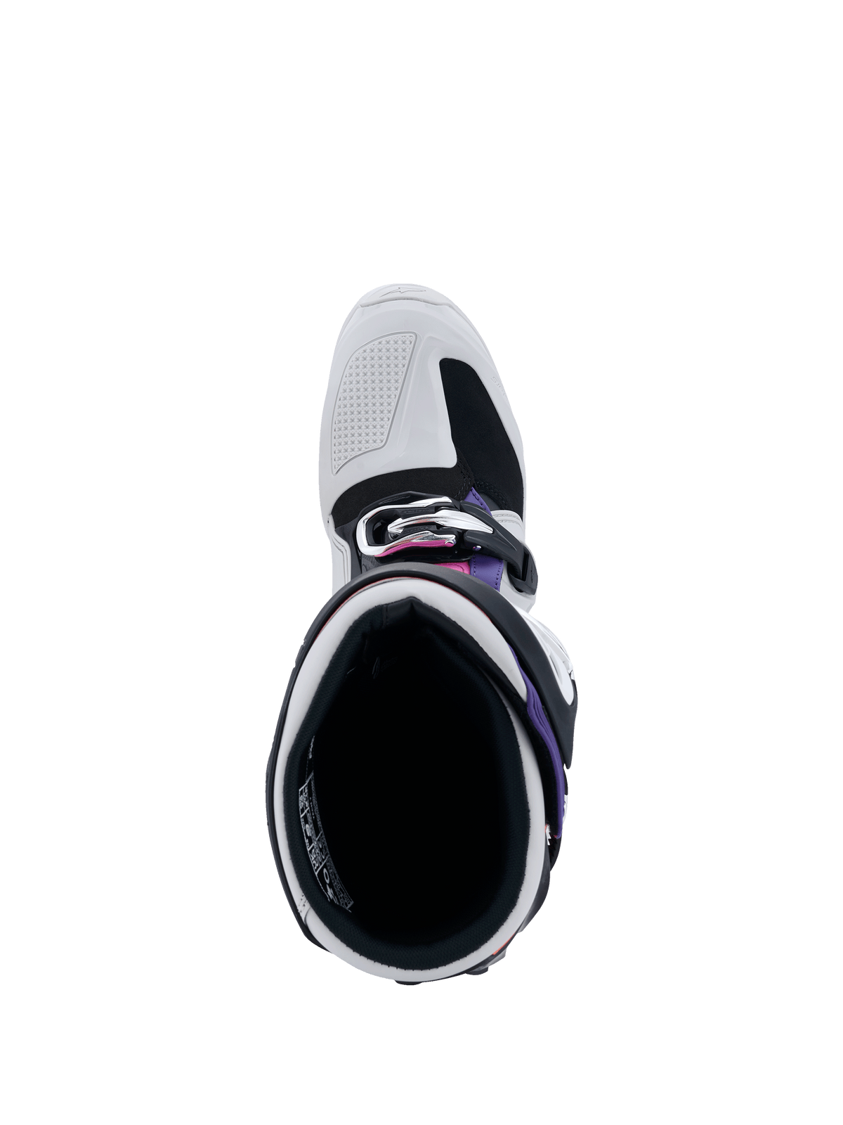 Alpinestars Tech 7 Boots, vista dall'alto dell'apertura dello stivale, grigio chiaro e nero con accenti viola e magenta, mostra l'imbottitura interna, il sistema di fibbie e il puntale rinforzato per gare off-road