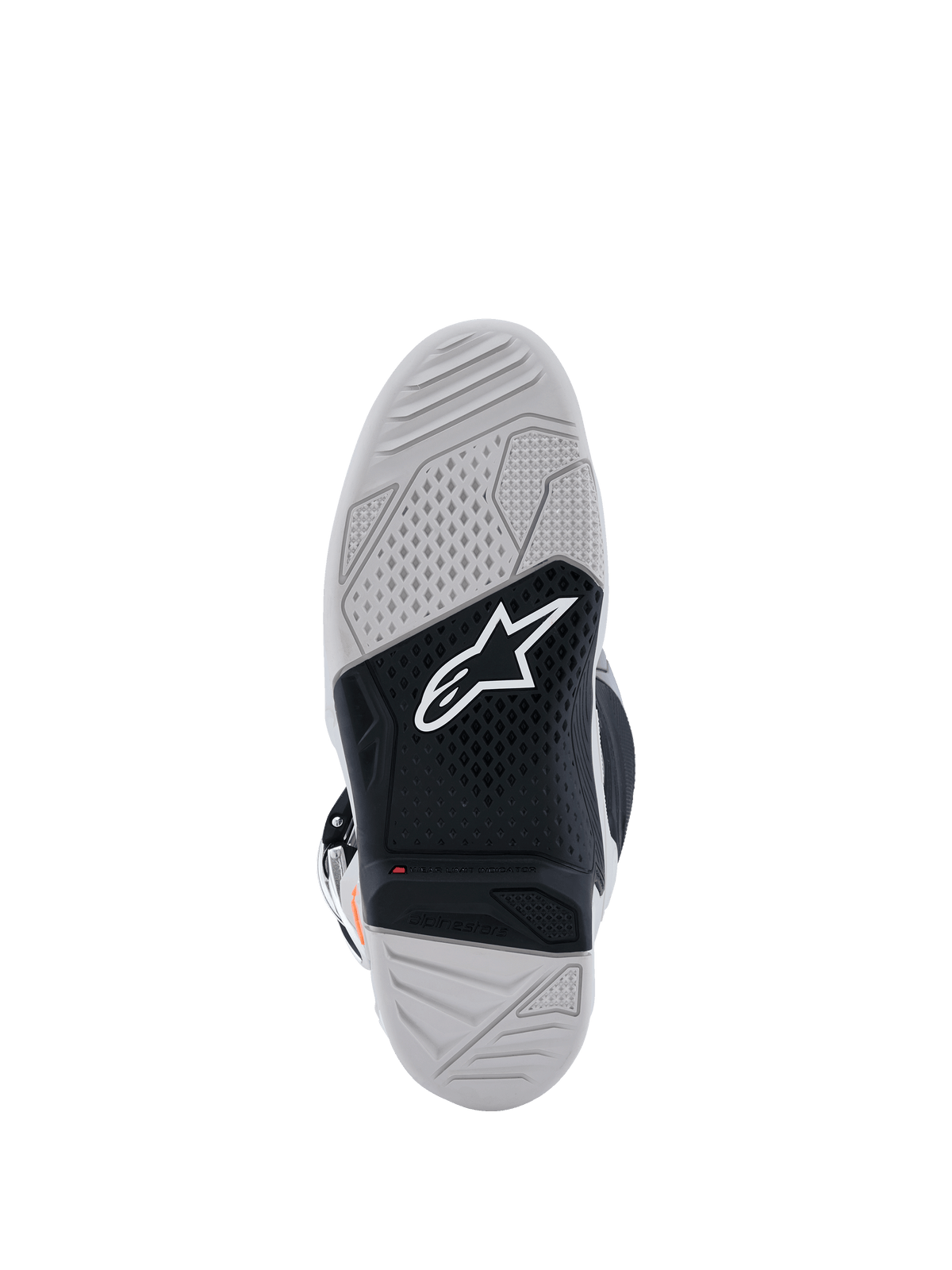 Alpinestars Tech 7 Boots, vista della suola, stivali da motocross, grigio chiaro e nero, con suola in gomma vulcanizzata a doppia mescola, logo Alpinestars bianco, indicatore di usura rosso e trama grip testurizzata ad alta trazione.