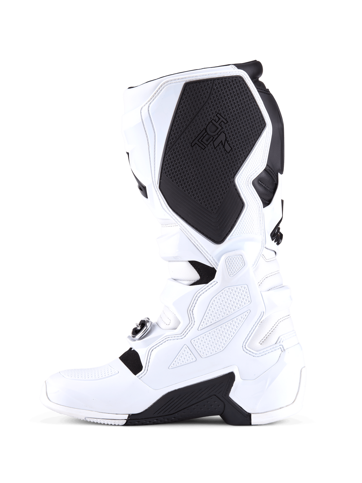 Stivali Alpinestars Tech 7, stivali da motocross, bianco e nero, profilo del lato mediale con un grande pannello protettivo interno nero sul polpaccio con marchio Tech 7, costruzione in TPU bianco e superfici con grip testurizzato.