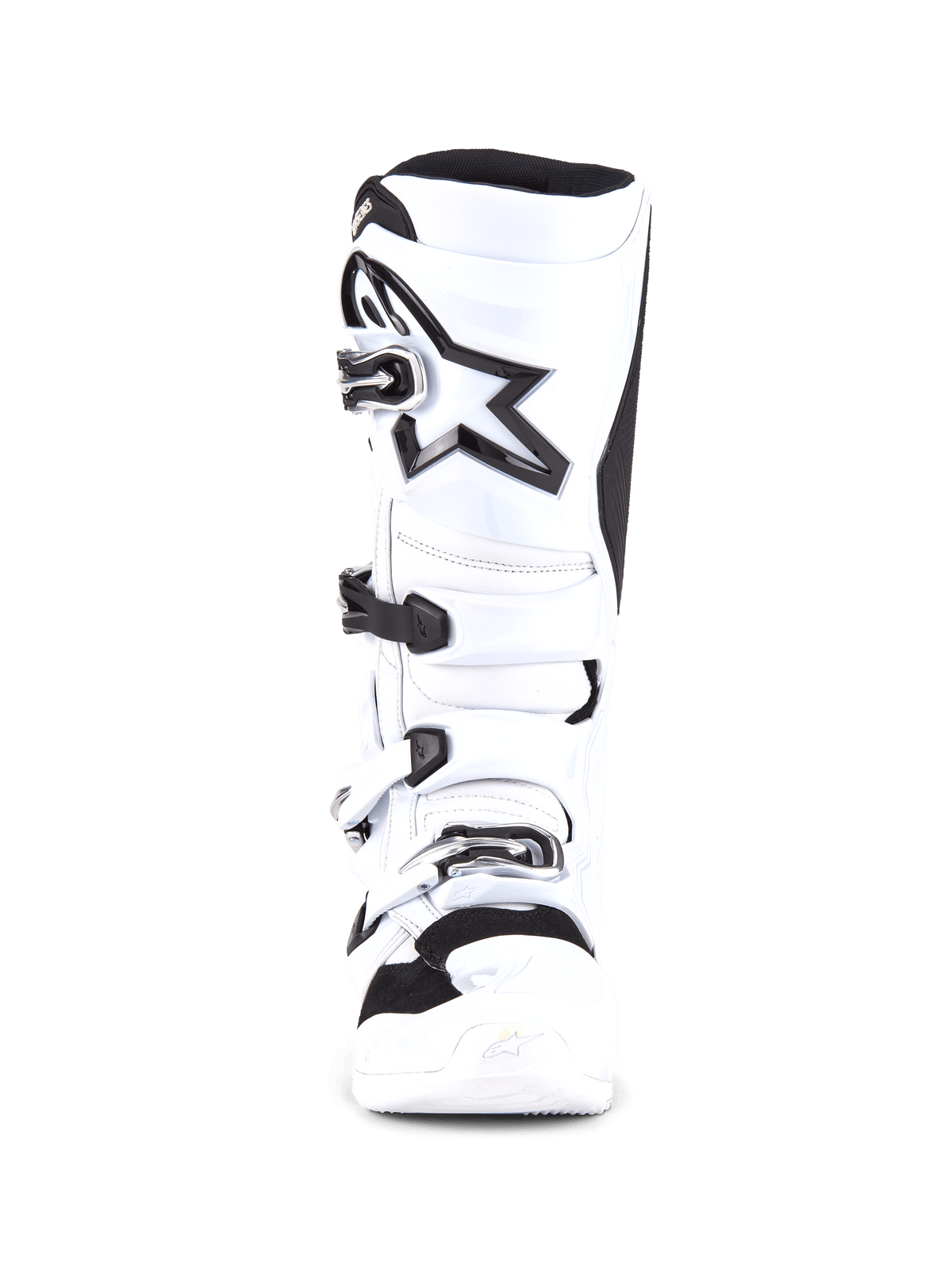 Alpinestars Tech 7 Boots, stivali da motocross, bianco e nero, vista frontale con sistema di chiusura a quattro fibbie, grande logo a stella nero sullo stinco, calotta protettiva in TPU e punta rinforzata per gare di motocross
