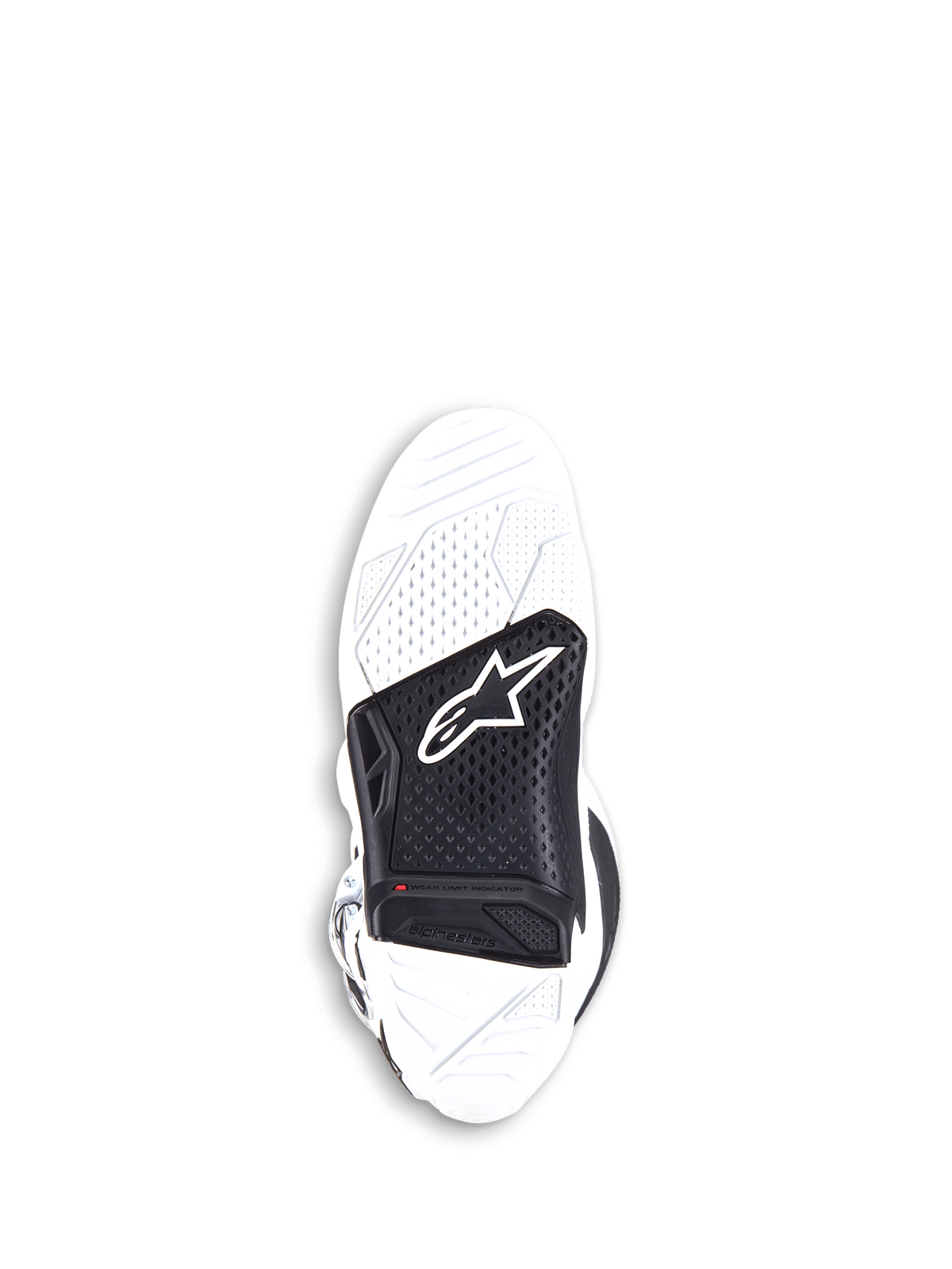 Stivali Alpinestars Tech 7, stivali da motocross, bianco e nero, vista della suola sostituibile in gomma vulcanizzata a doppio composto con inserto centrale nero, logo Alpinestars e indicatore rosso del limite di usura.