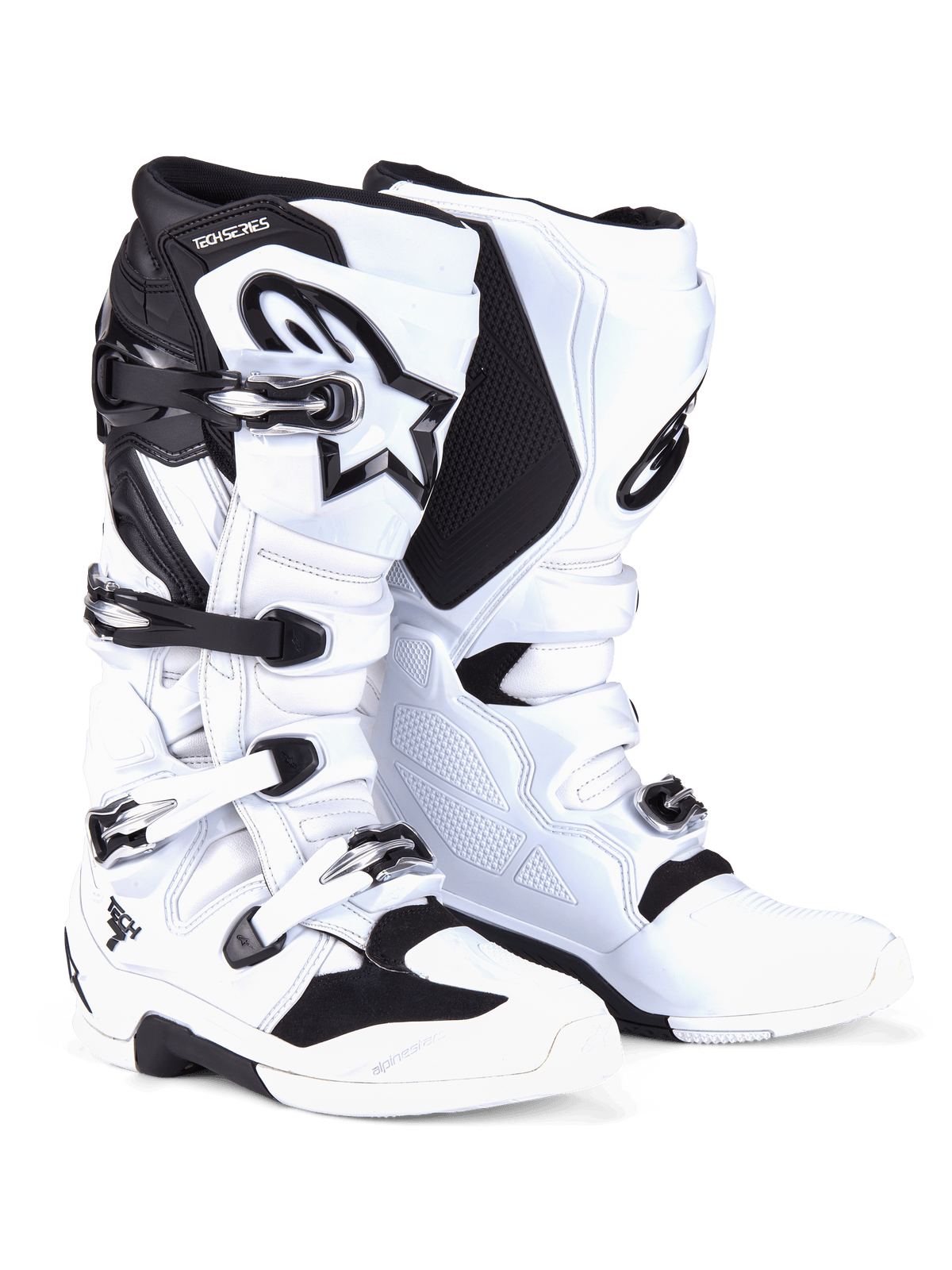 Alpinestars Tech 7 Boots, stivali da motocross, bianco e nero, con sistema di chiusura a quattro fibbie e componenti argento e nero, logo Alpinestars in evidenza sullo stinco, pannelli in TPU rinforzato per protezione fuoristrada