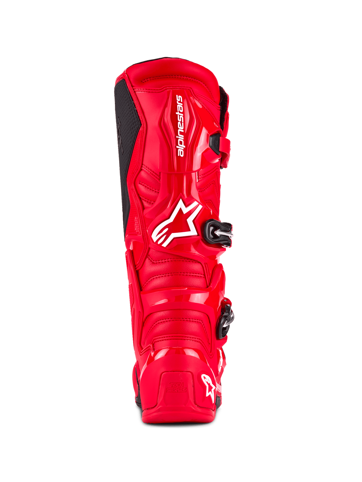 Stivali Alpinestars Tech 7, stivali da motocross, rosso brillante, vista posteriore con calotta in TPU ad alto impatto, marchio Alpinestars bianco sul polpaccio e logo 'Tech Series' sul tallone, progettati per prestazioni e protezione off-road