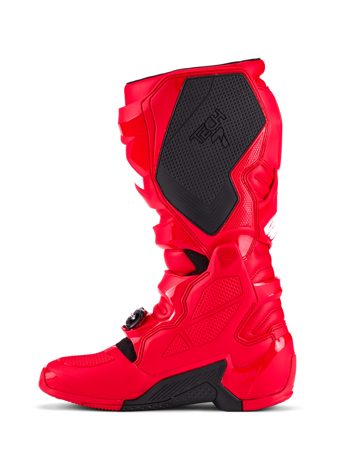Stivali Alpinestars Tech 7, stivali da motocross, rosso acceso, vista del lato mediale con ampio pannello grip nero testurizzato e marchio Tech 7, calotta protettiva in TPU e sistema di chiusura a fibbia regolabile per il fuoristrada